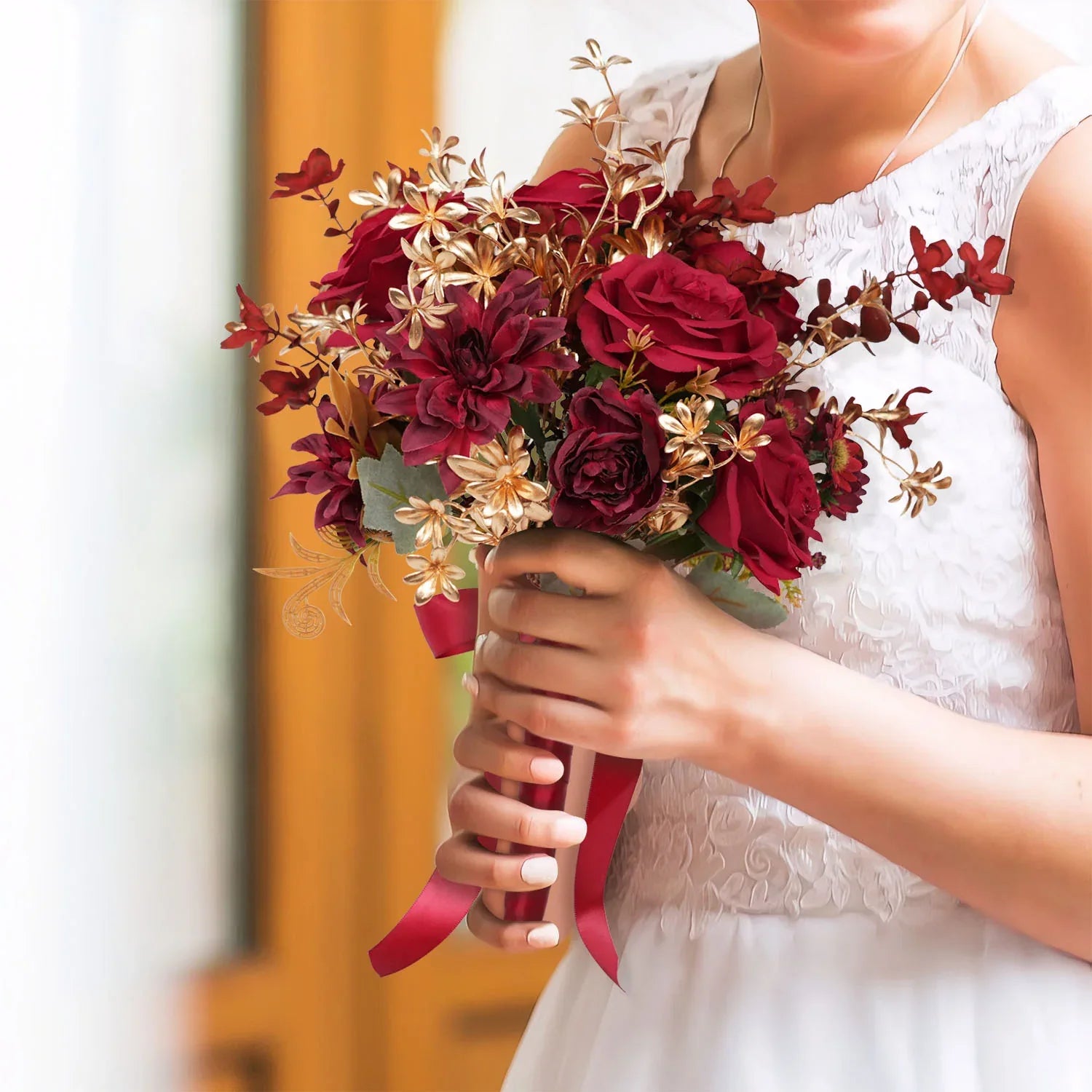 Burgundy and Gold wedding flowers bridal bouquet