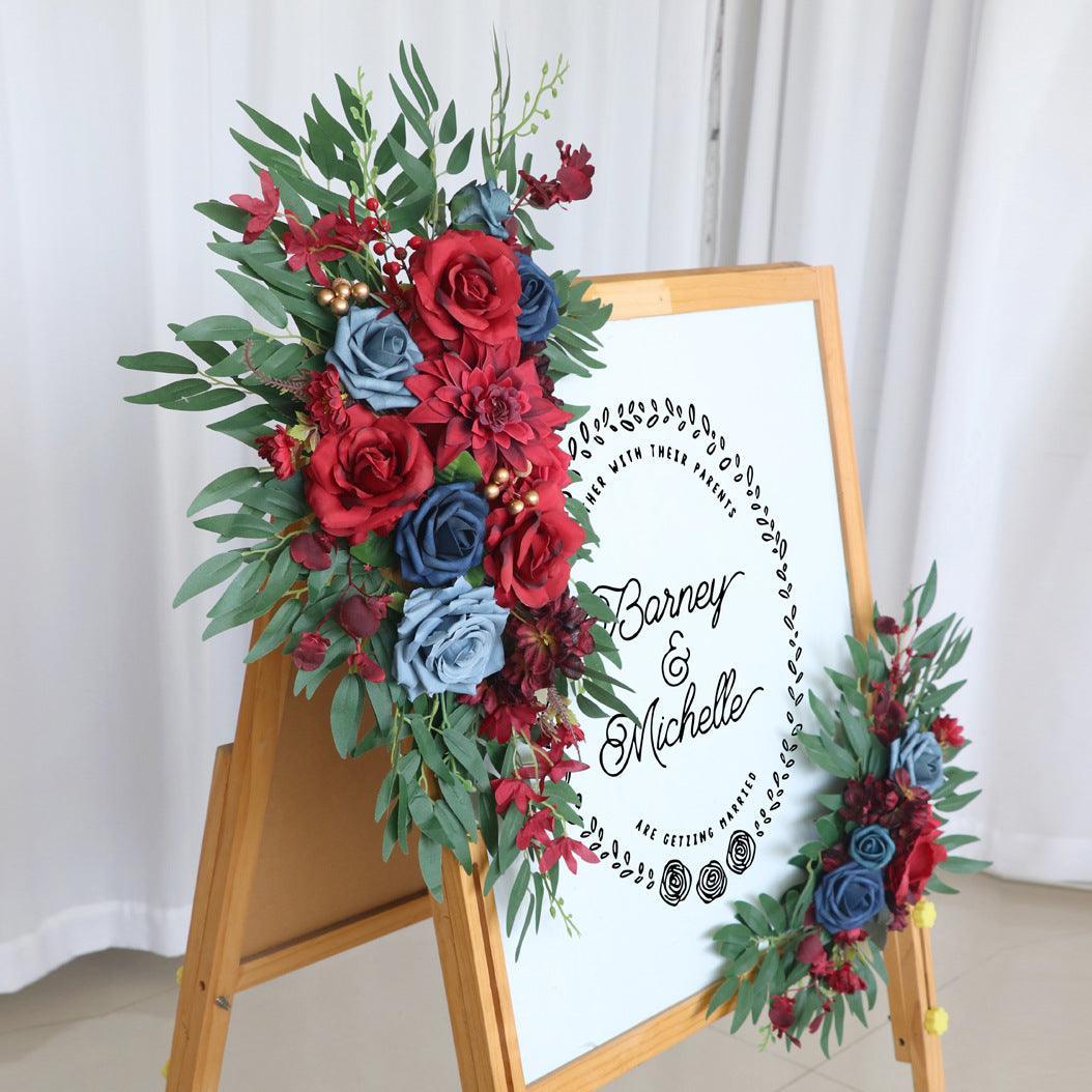Simulated Wine Red Royal Blue Rose Art Wedding Welcome Sign Decorative Corner Flower Prop - Uflower