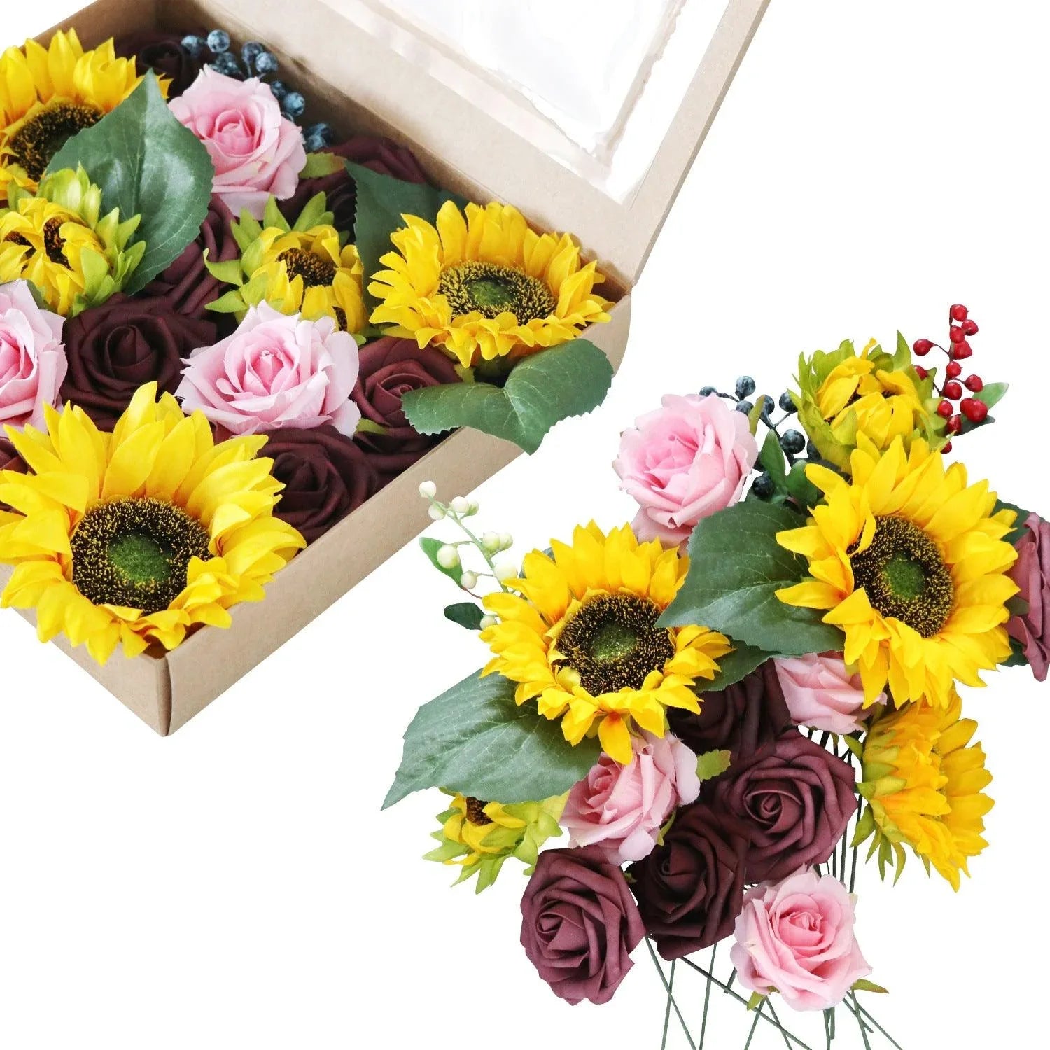 Simulation Flower Box Wedding, Birthday, Valentine's Day Gift Box with Pole Flower Head DIY Home - Uflower