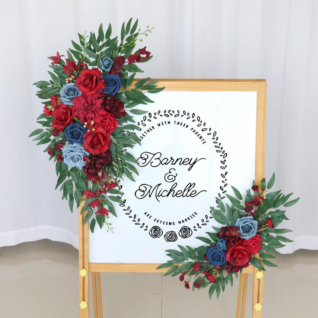 Simulated Wine Red Royal Blue Rose Art Wedding Welcome Sign Decorative Corner Flower Prop - Uflower