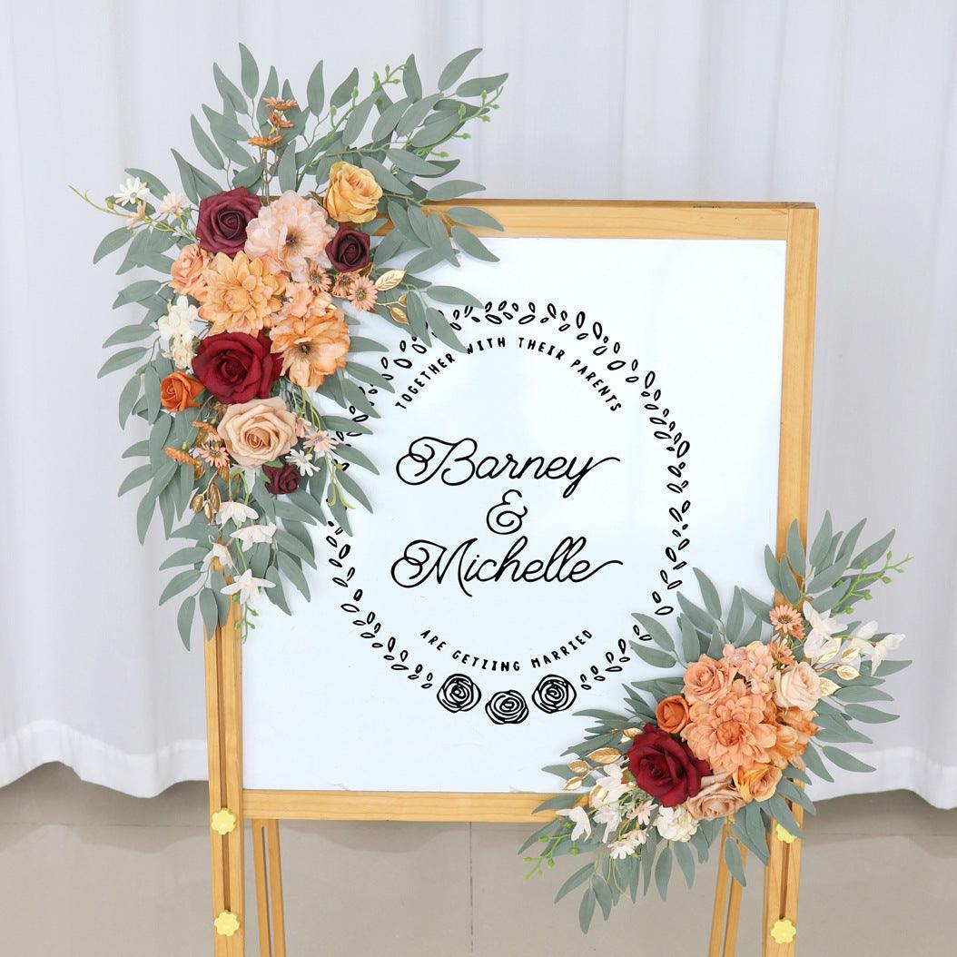 Simulated Dirty Orange Wine Red Flower Art Wedding Welcome Sign Decorative Corner Flower Prop - Uflower