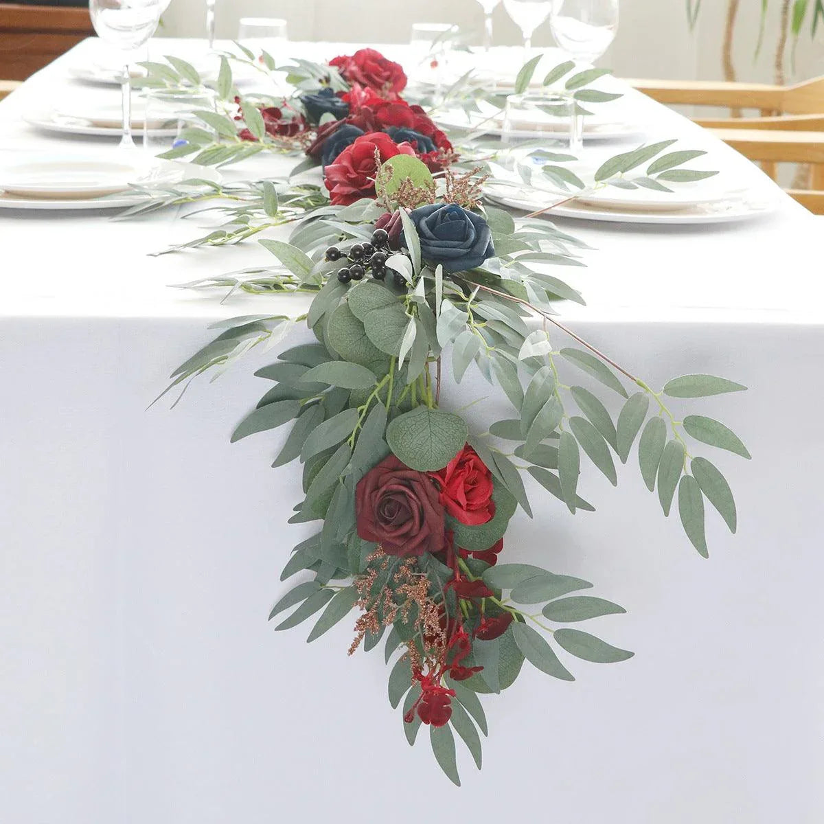 Outdoor Wedding Simulation Wine Red Sapphire Blue Rose Table Flower Vine Decoration - Uflower
