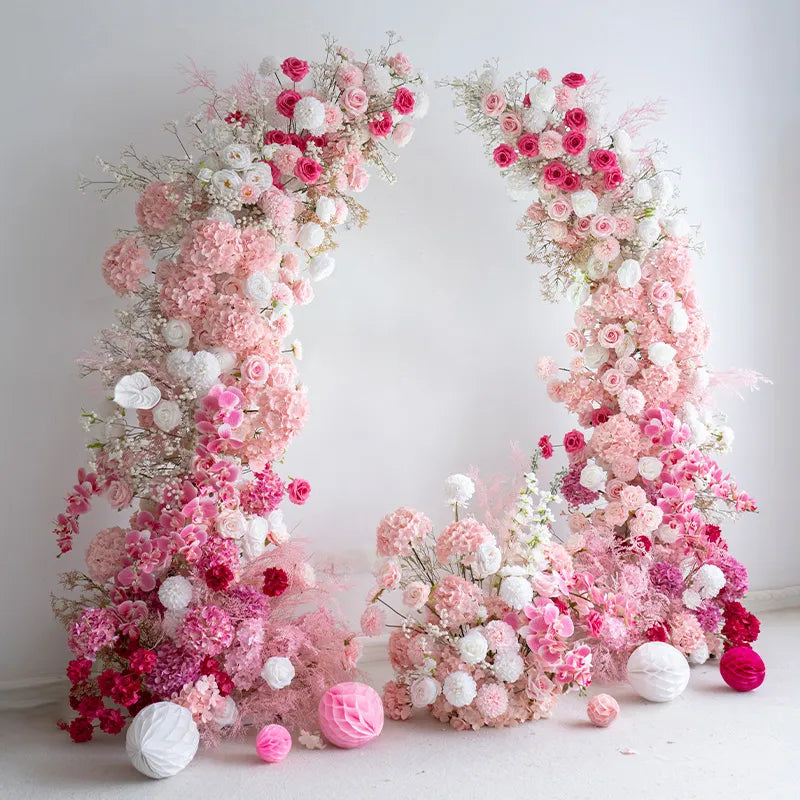 Arche florale Uflower rose et blanc avec cornes, accessoires de toile de fond de mariage SET80103