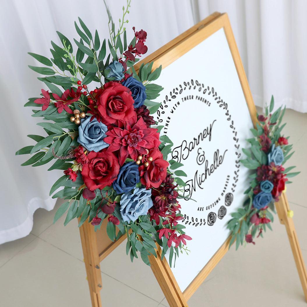 Simulated Wine Red Royal Blue Rose Art Wedding Welcome Sign Decorative Corner Flower Prop - Uflower