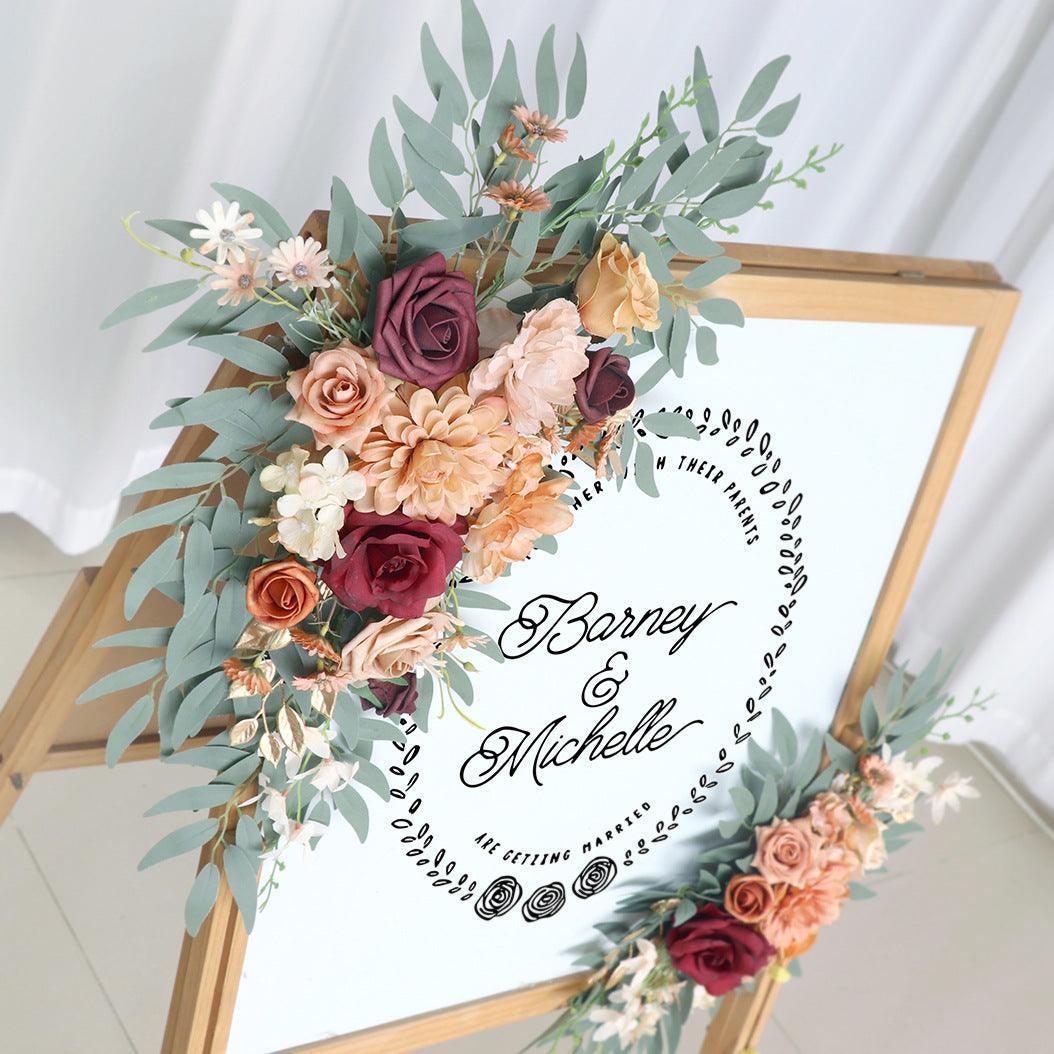 Simulated Dirty Orange Wine Red Flower Art Wedding Welcome Sign Decorative Corner Flower Prop - Uflower