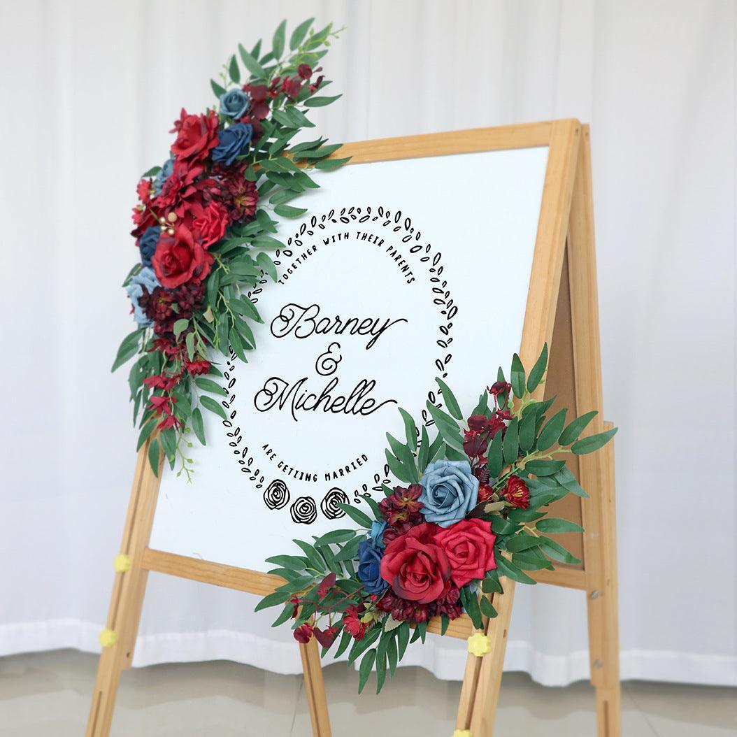 Simulated Wine Red Royal Blue Rose Art Wedding Welcome Sign Decorative Corner Flower Prop - Uflower
