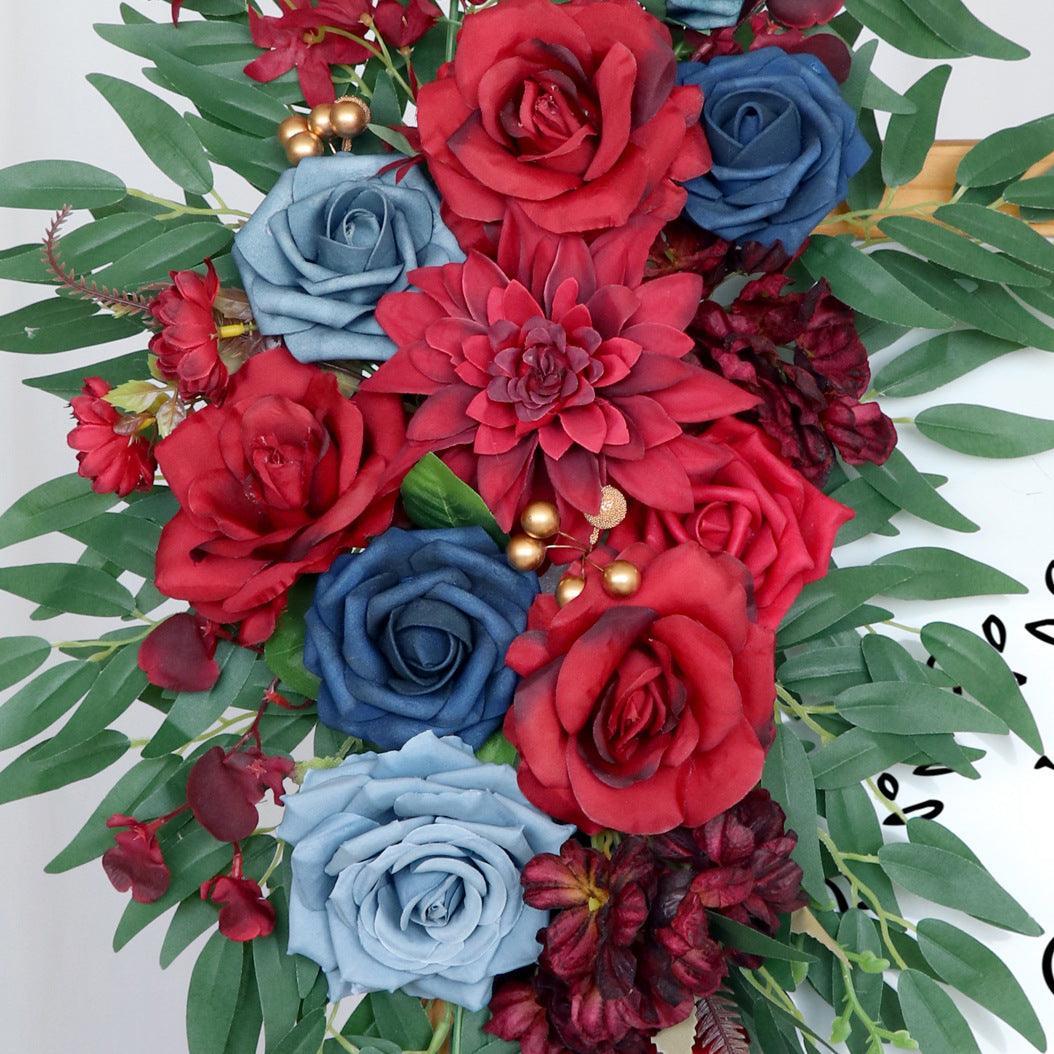 Simulated Wine Red Royal Blue Rose Art Wedding Welcome Sign Decorative Corner Flower Prop - Uflower