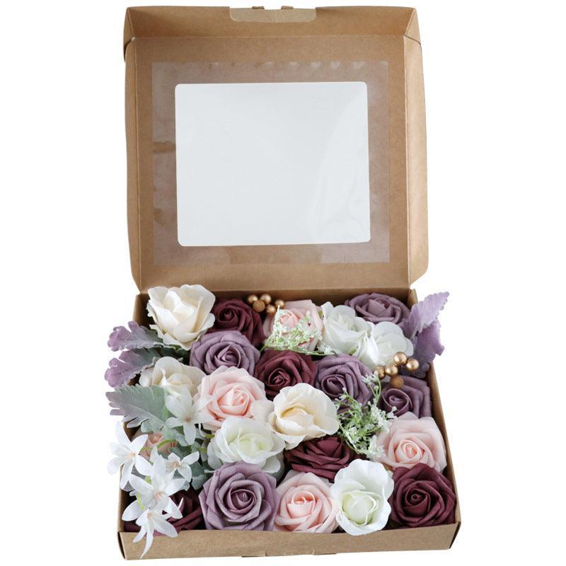 Simulation Box Flower Valentine's Day Gift Box Flower Head with Rod DIY Bridal Hand Bouquet - Uflower