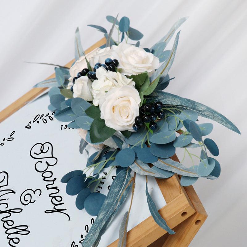 Simulated Peacock Blue Champagne Rose Silk Flower Wedding Welcome Sign Flower Art Guide Sign Prop - Uflower
