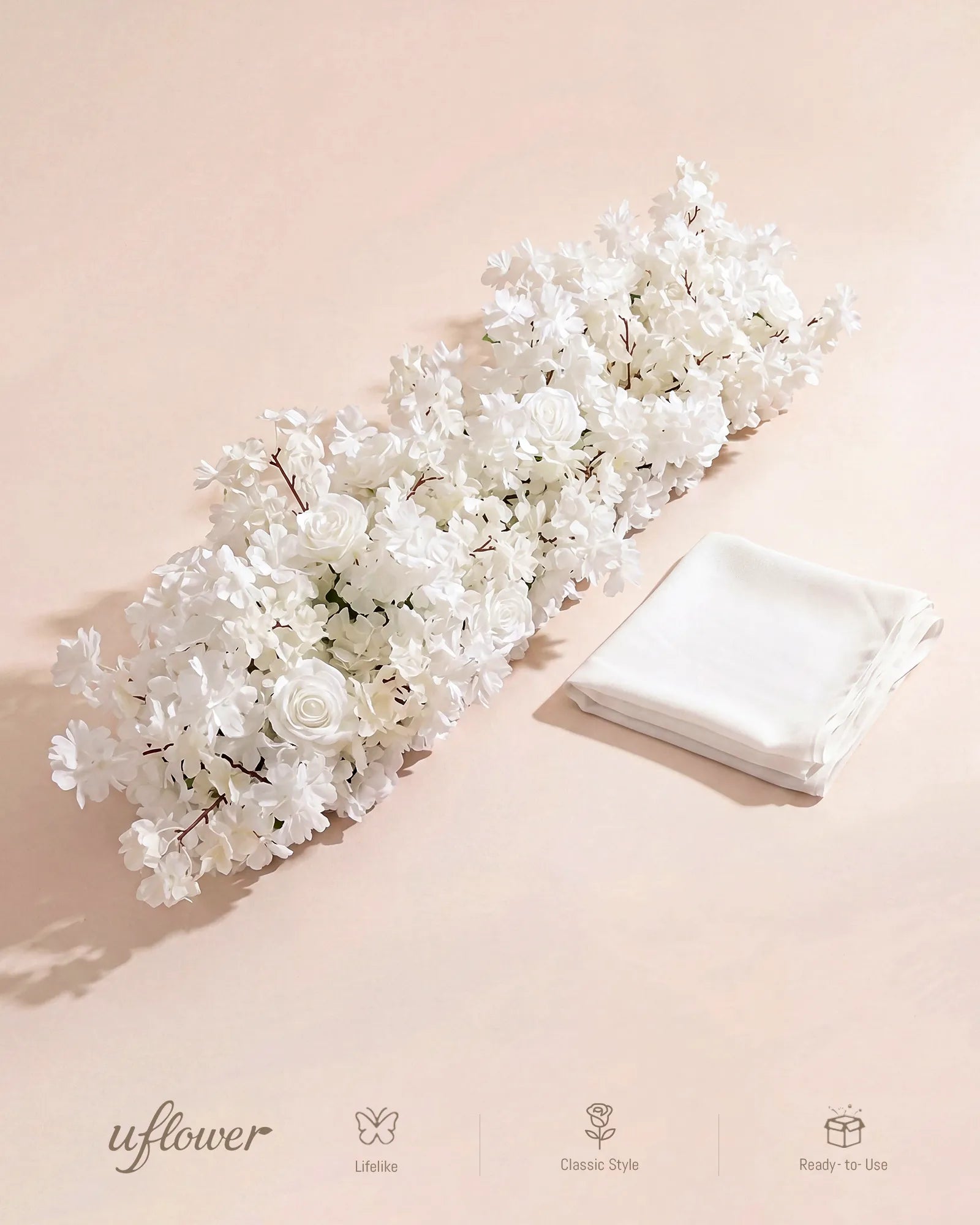 Uflower 100cm White Rose & Sakura Blossom Flower Row with Drapes MC89001-01