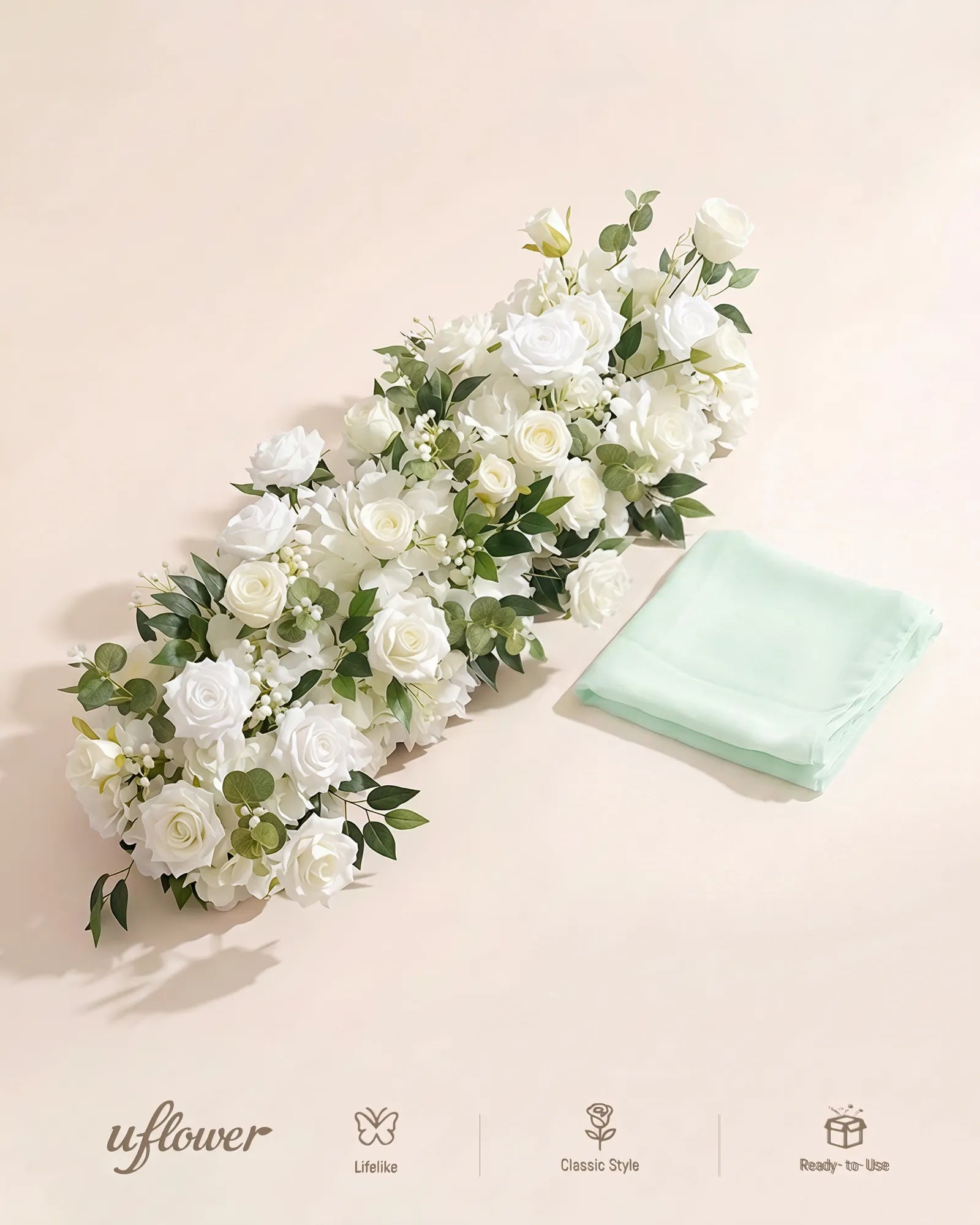 Uflower 100cm White Rose Greenery Flower Row with Drapes MC89004-01