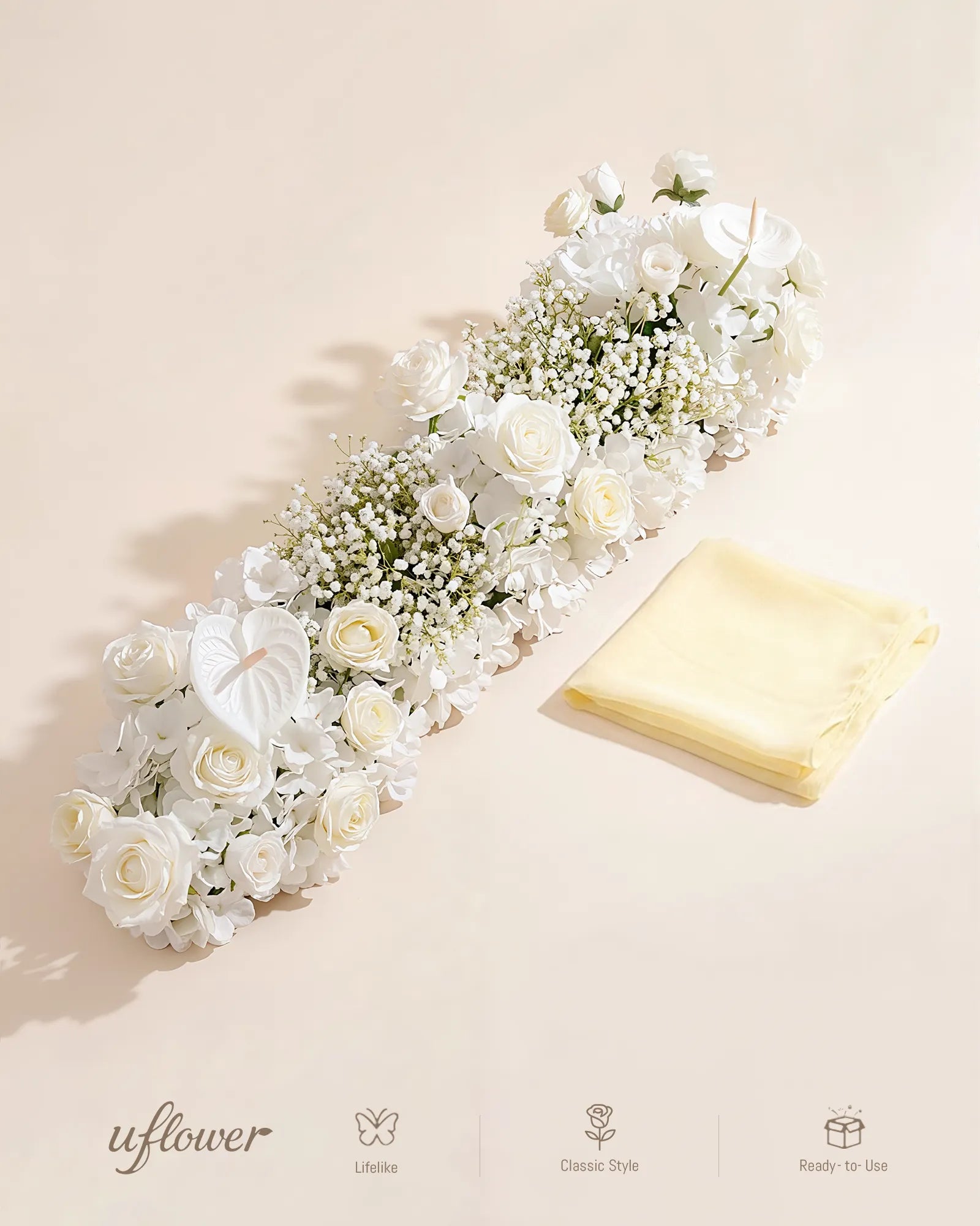 Uflower White Rose Baby's Breath Flower Row with Drapes MC89009-01