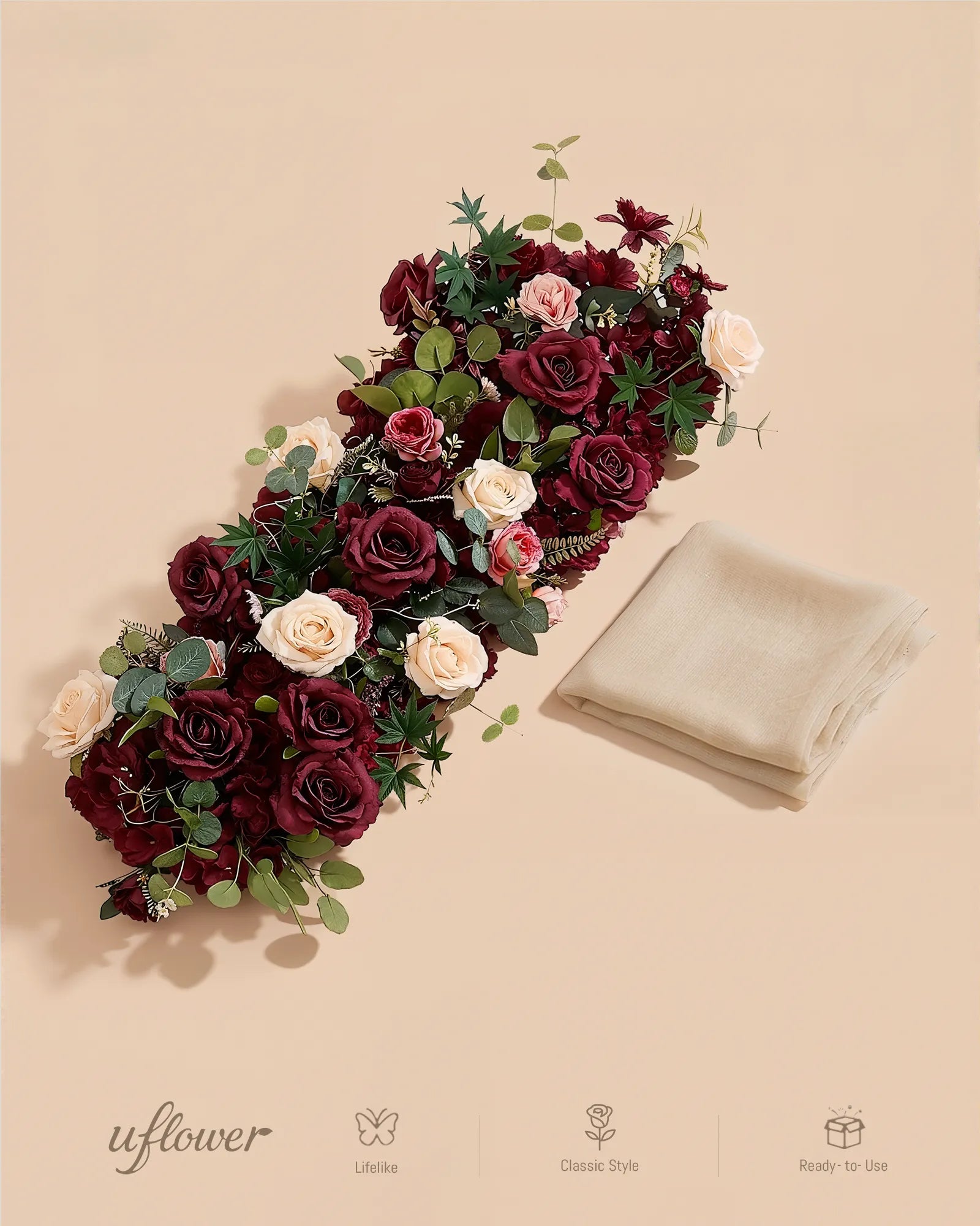 Uflower Burgundy Blush Rose Flower Row with Drapes MC89010-01