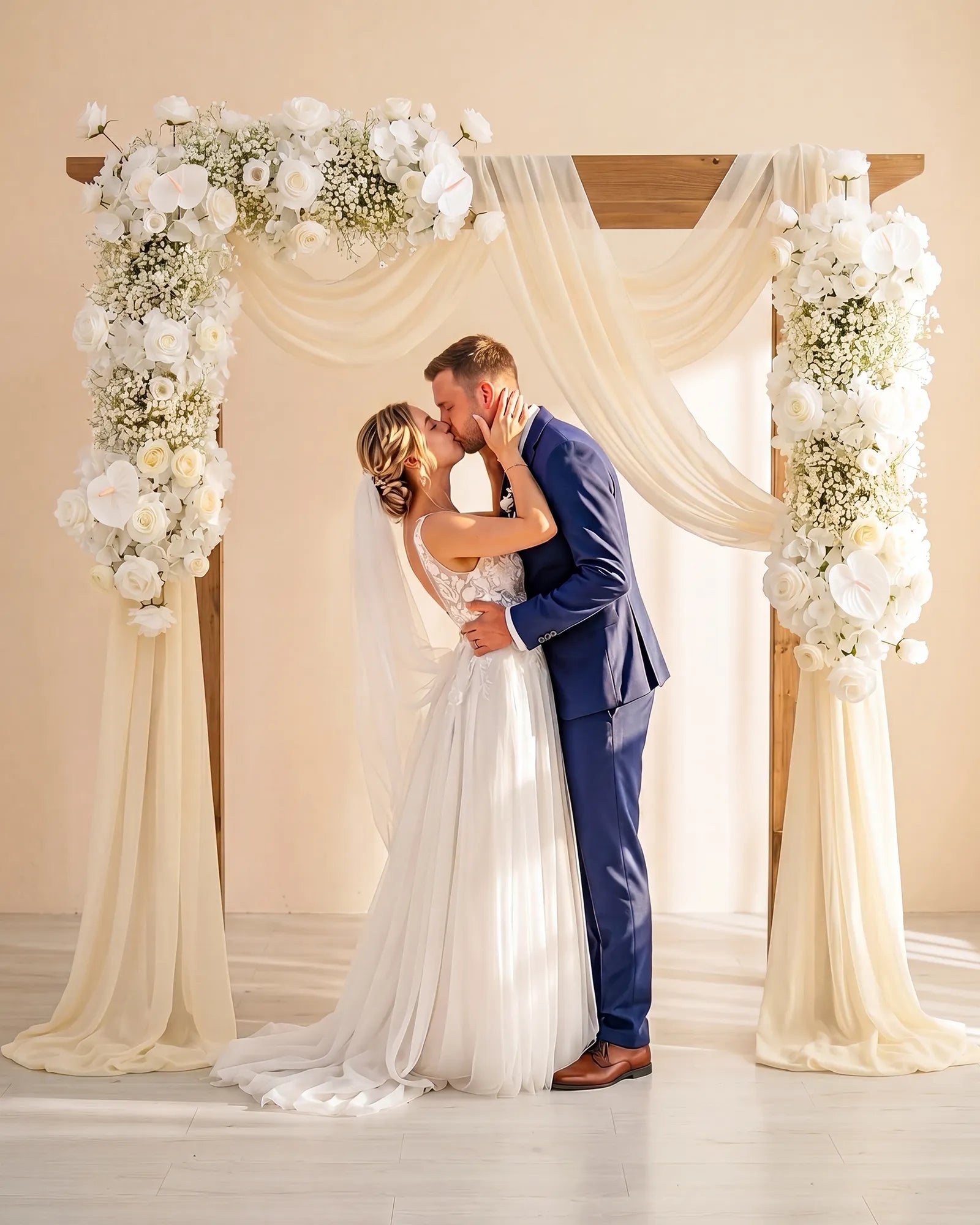 Uflower White Rose Baby's Breath Flower Row with Drapes MC89009-01