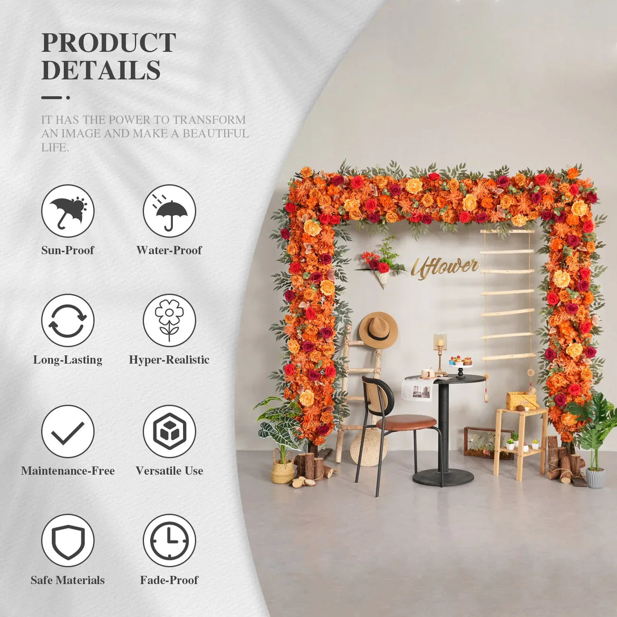 Uflower Orange Red Rose Floral Square Arch Wedding Party Ceremony Backdrop Decor SET80194 - Uflower