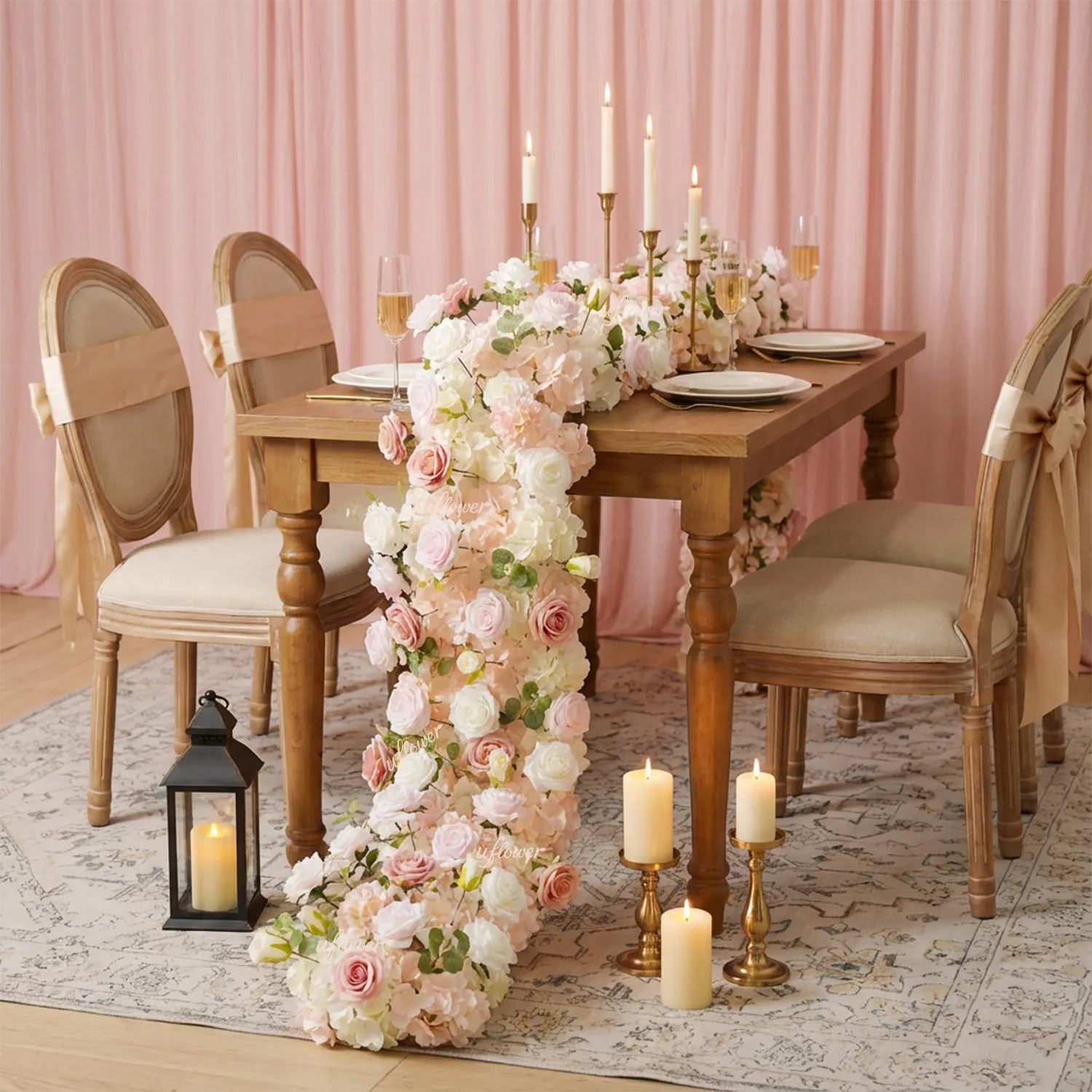 Uflower Pink Rose Table Runner Sofa Floral Wedding Backdrop Decor SET80096