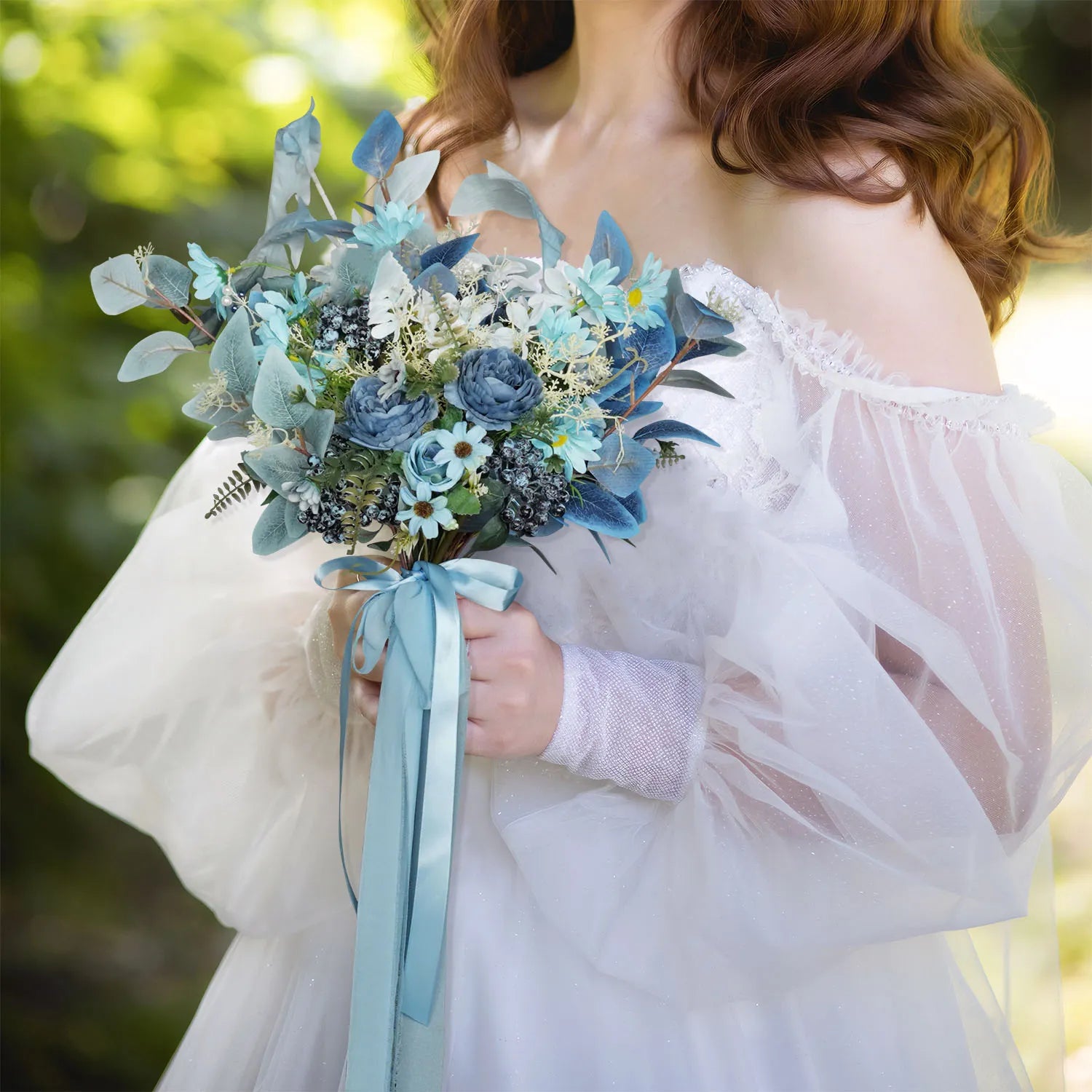 Uflower Small Round Bridal Bouquet in Dusty Blue MG80007-01