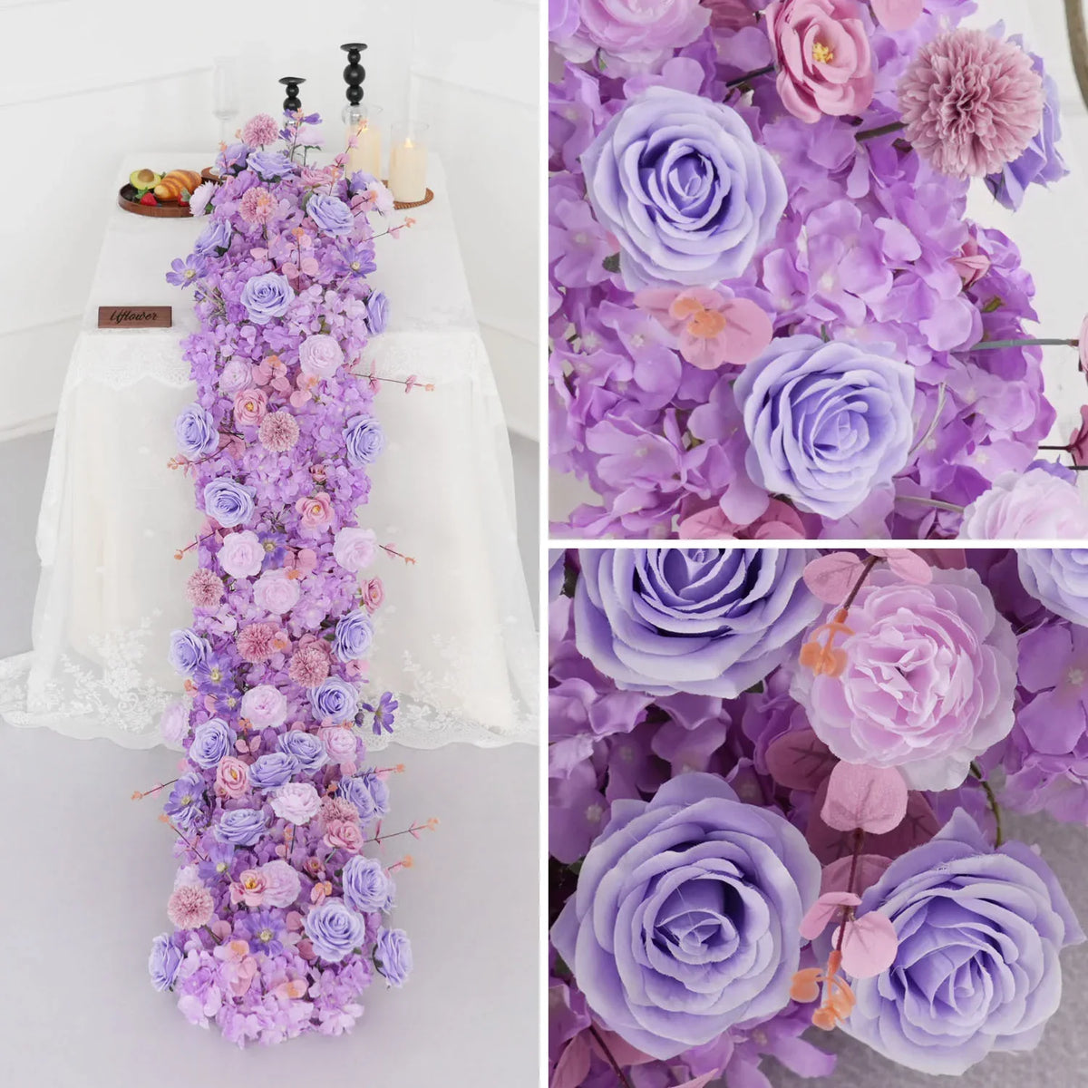 Uflower Purple Rose Table Runner Sofa Floral Wedding Backdrop Decor MC