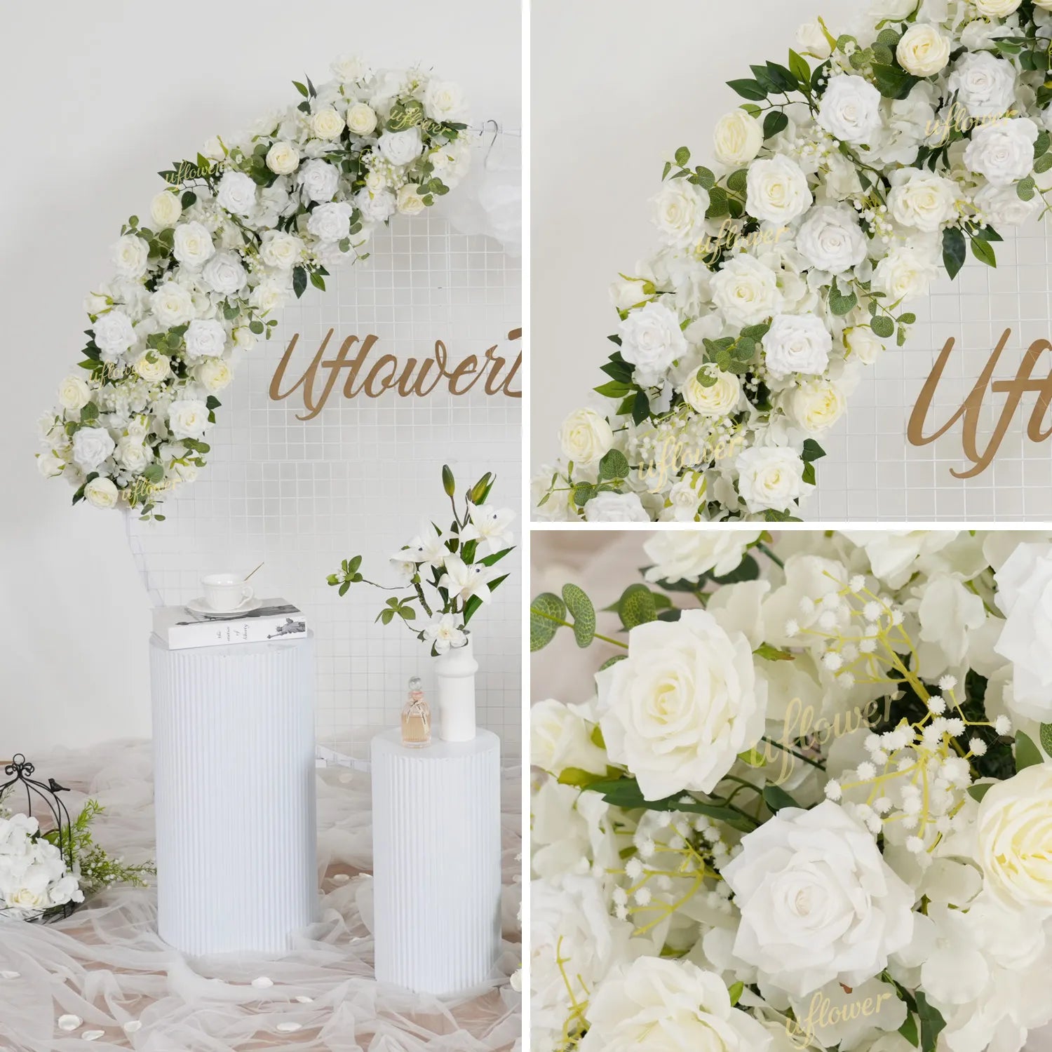 Uflower White Floral Arrangement Wedding Arch Backdrop Party Flower Row Decor MC80115-01