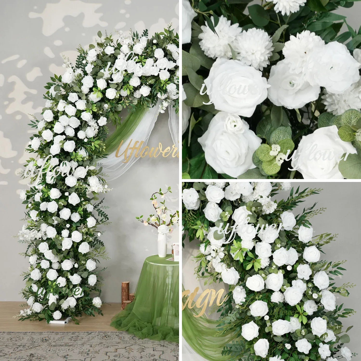 Uflower White Rose Green Leaf Floral Row Decor Wedding Backdrop Door Arch SET80147 - Uflower