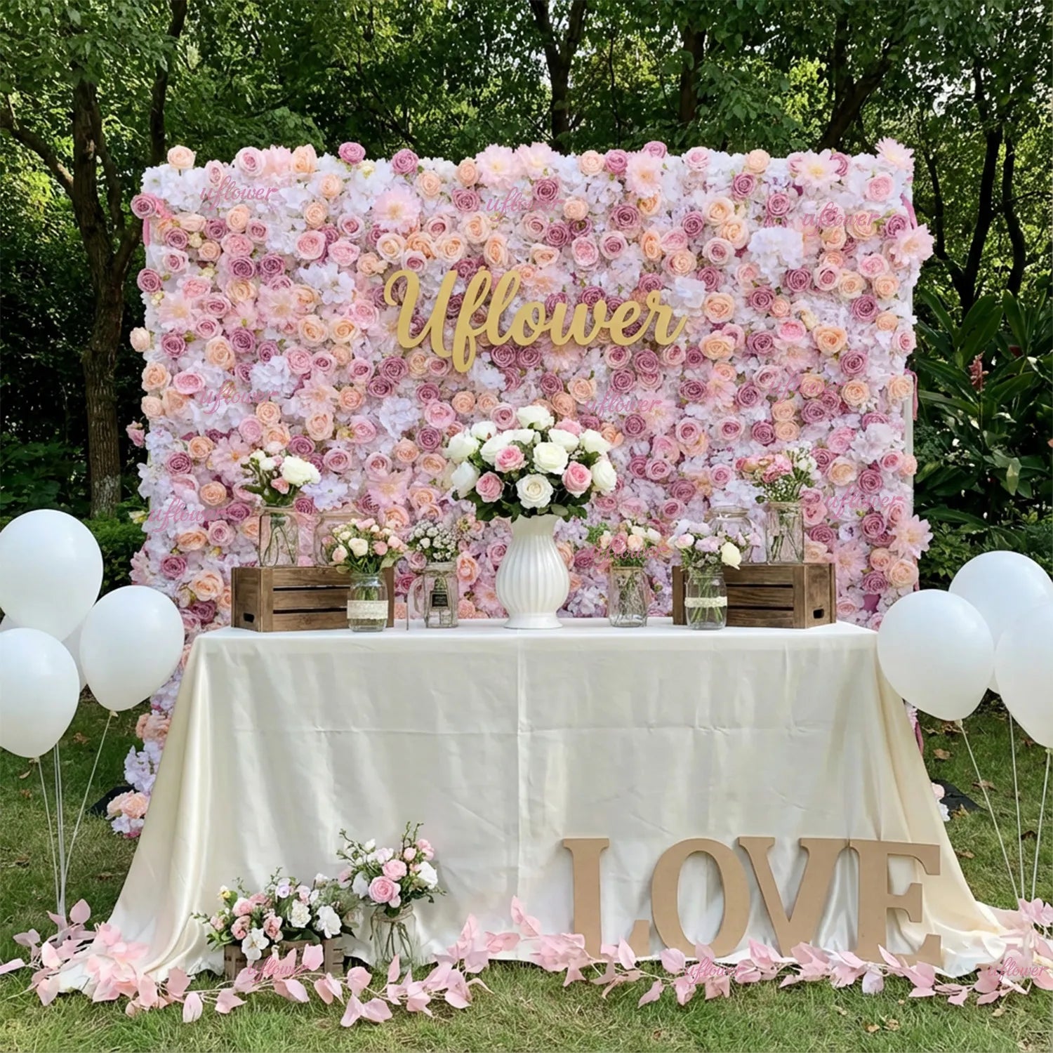 Uflower Artificial Pink Champagne Rose 5D Wedding Flower Wall SET80093