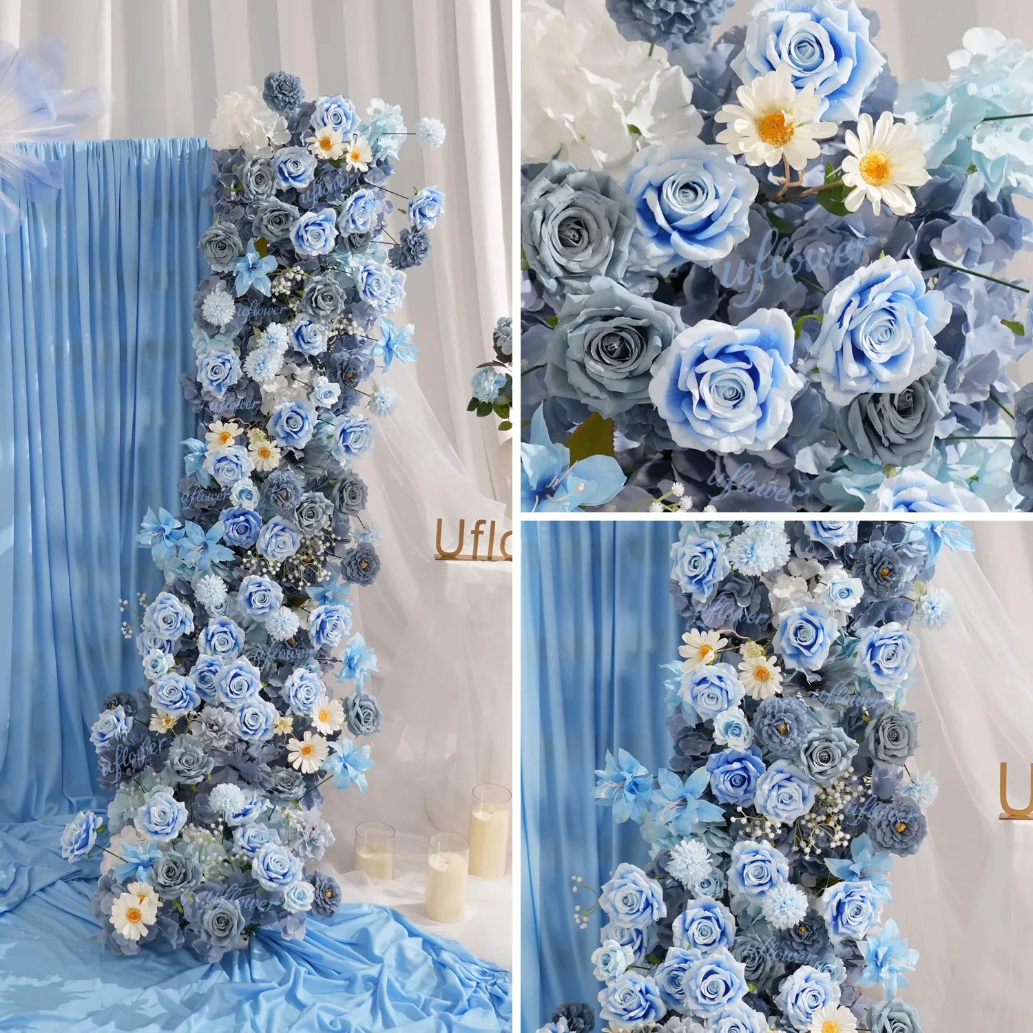 Uflower Blue Table Runner Sofa Floral Wedding Backdrop Decor MC80227-01