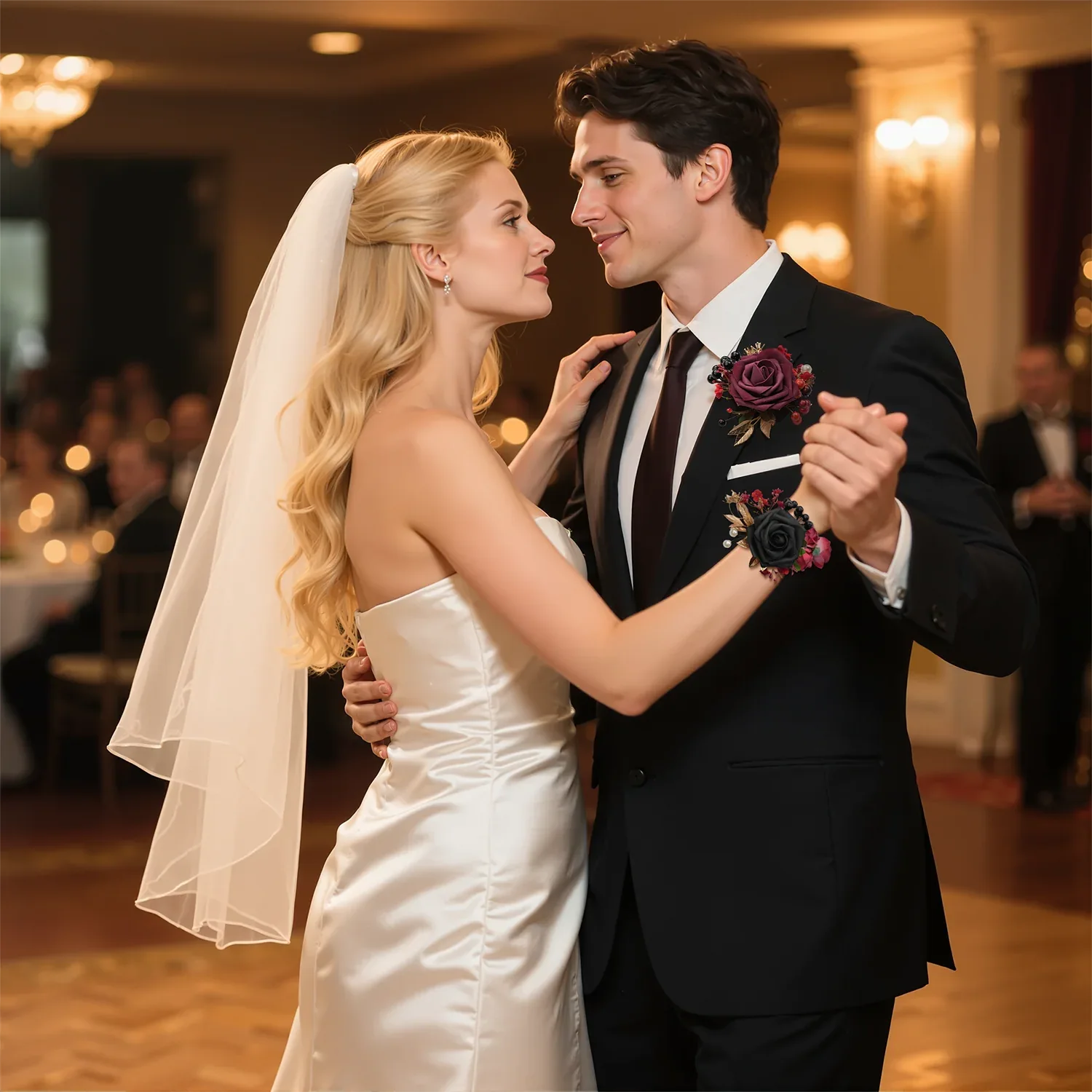 Uflower Black Burgundy Bride Bouquet Wrist Corsage Groom Boutonniere Set Wedding Event Supplies SET80080-11 - Uflower