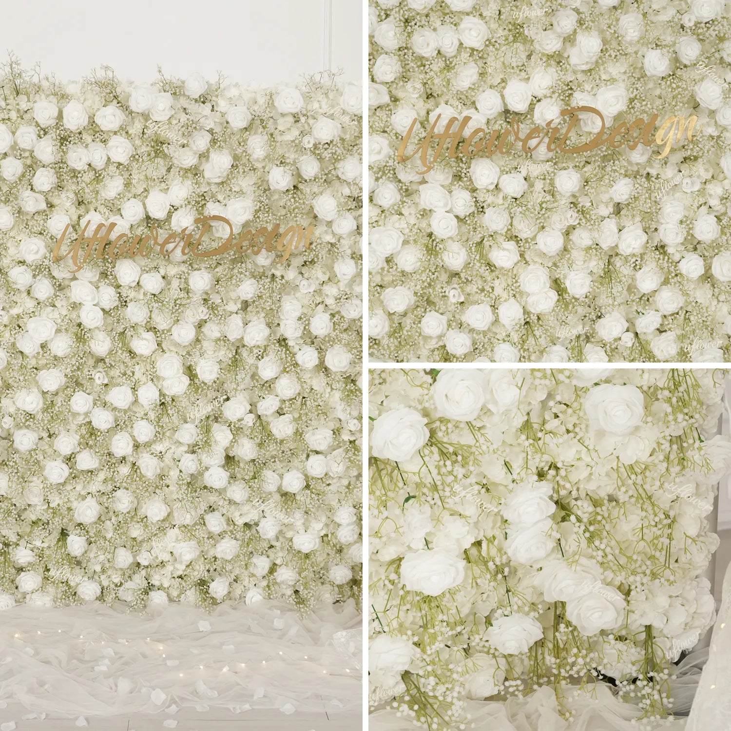 Uflower White Rose Baby's Breath Flower Wall Wedding Party Proposal Decor SET80226