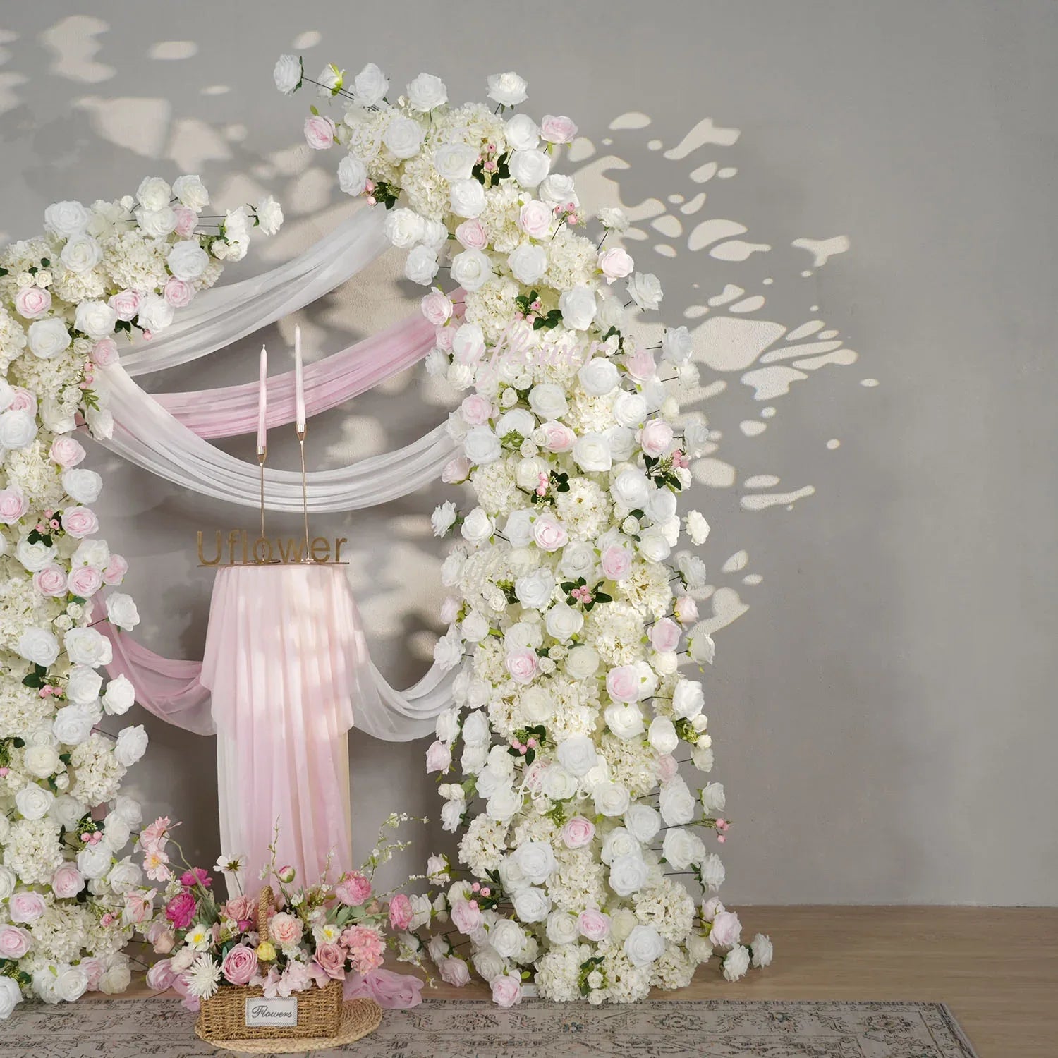 Uflower Pink White Rose Floral Horn Arch Wedding Party Backdrop Decor SET80143 - Uflower