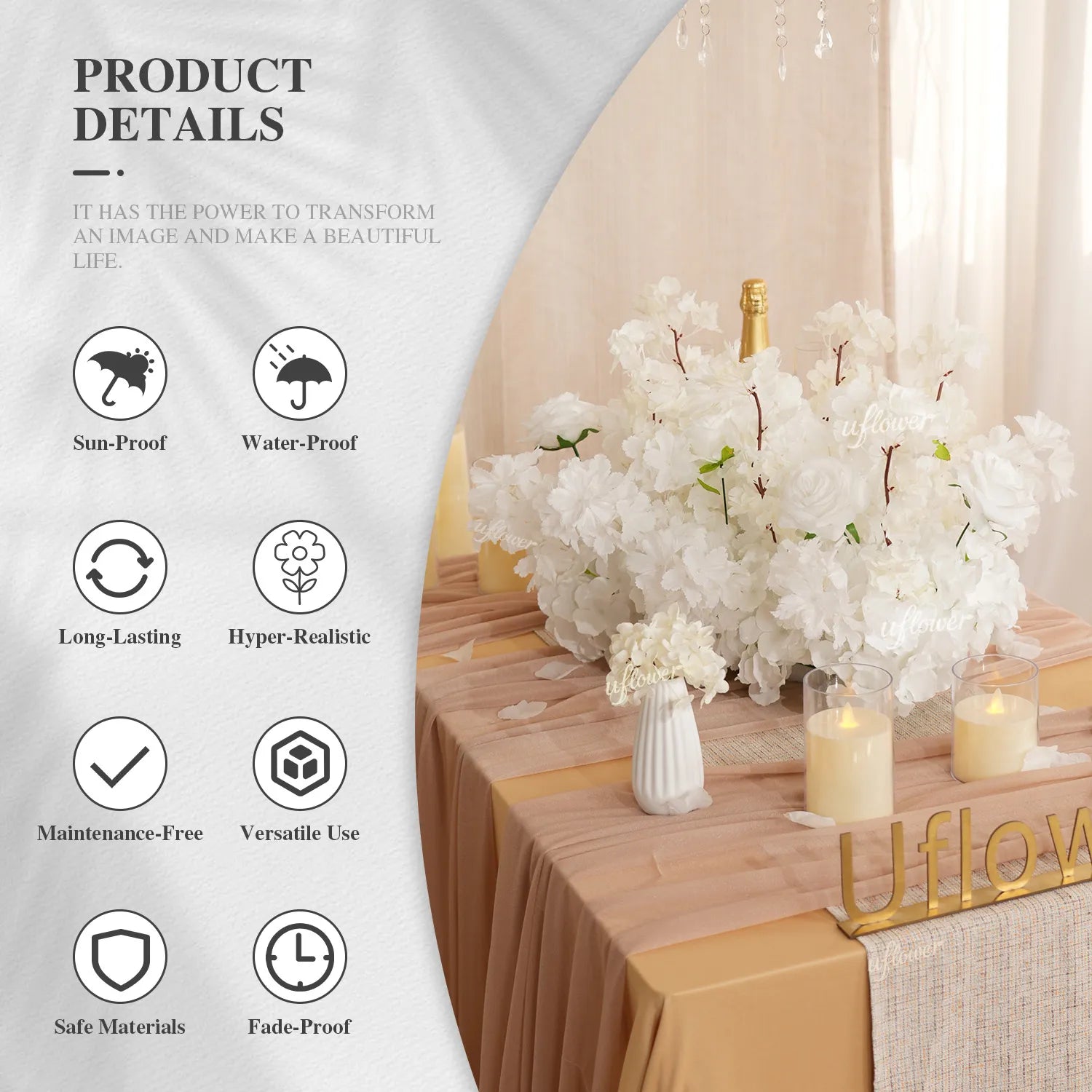 Uflower Artificial White Cherry Blossom Flower Row Wedding Decoration MC80205-01