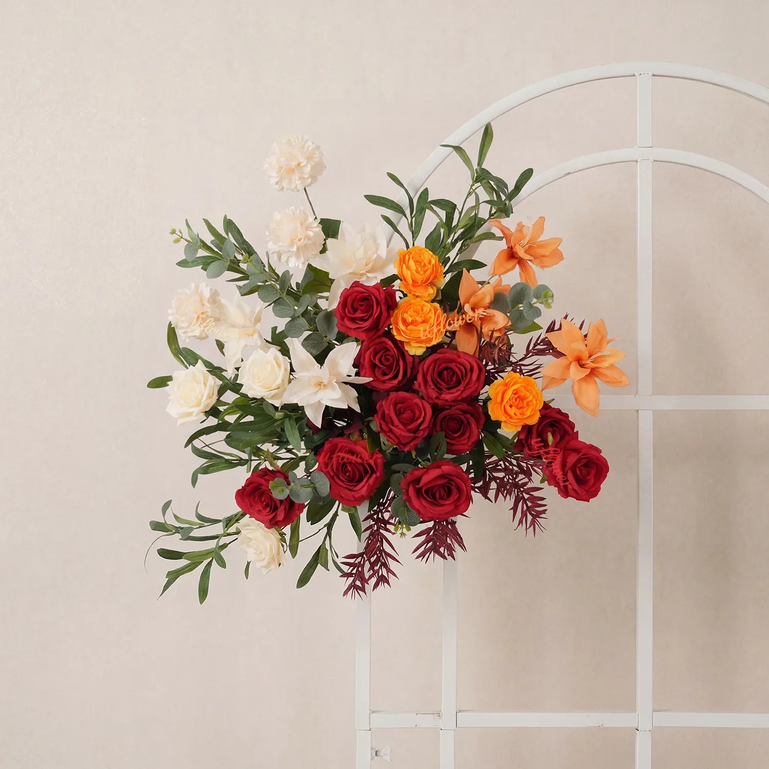 Uflower Red Orange  Flower Wedding Backdrop Arch Floral Arrangement SET80224