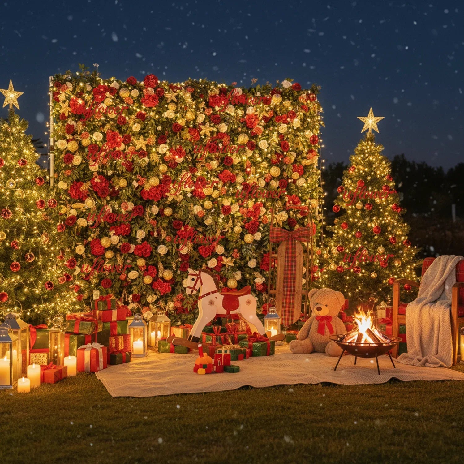 Uflower Christmas Red Gold Flower Wall Luxurious Star & Ball Decorated Floral Backdrop Holiday Party Decor - Uflower