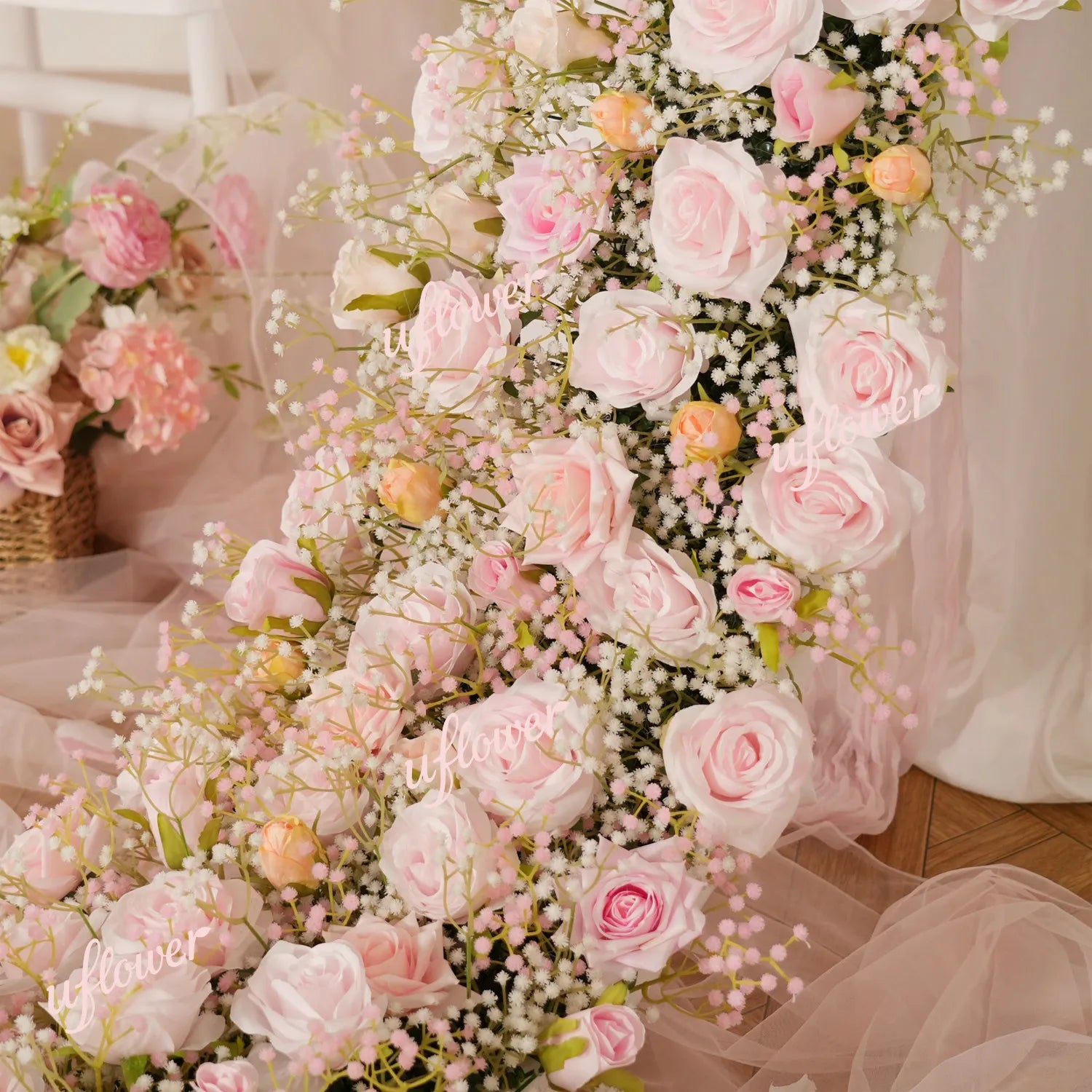 Uflower  Pink Rose&Baby's Breath Flower Row  Table Runner  MC80230-05