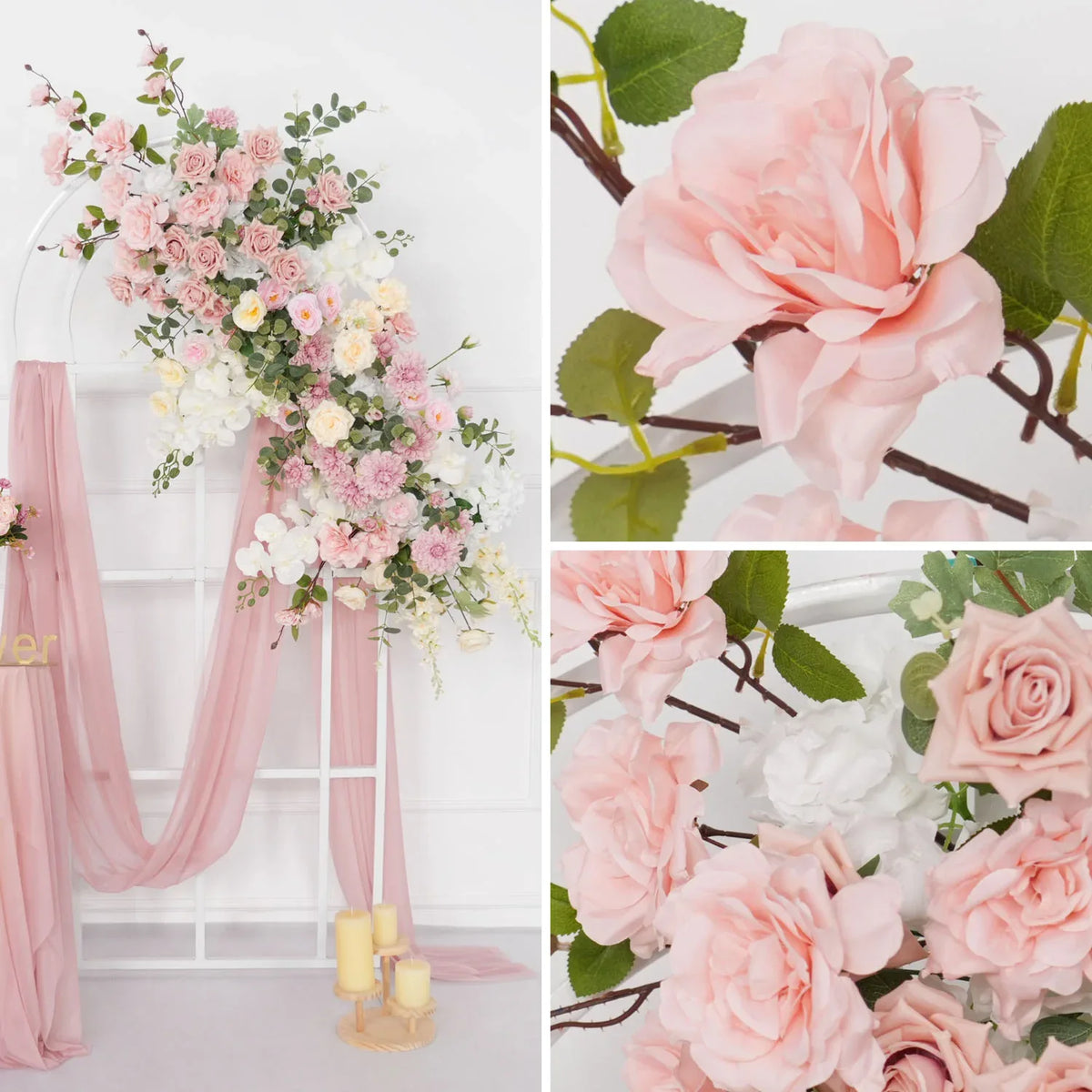 Uflower Artificial Pink Rose Green Leaf Flower Row Wedding KT Backdrop Decor MC80121-01 - Uflower