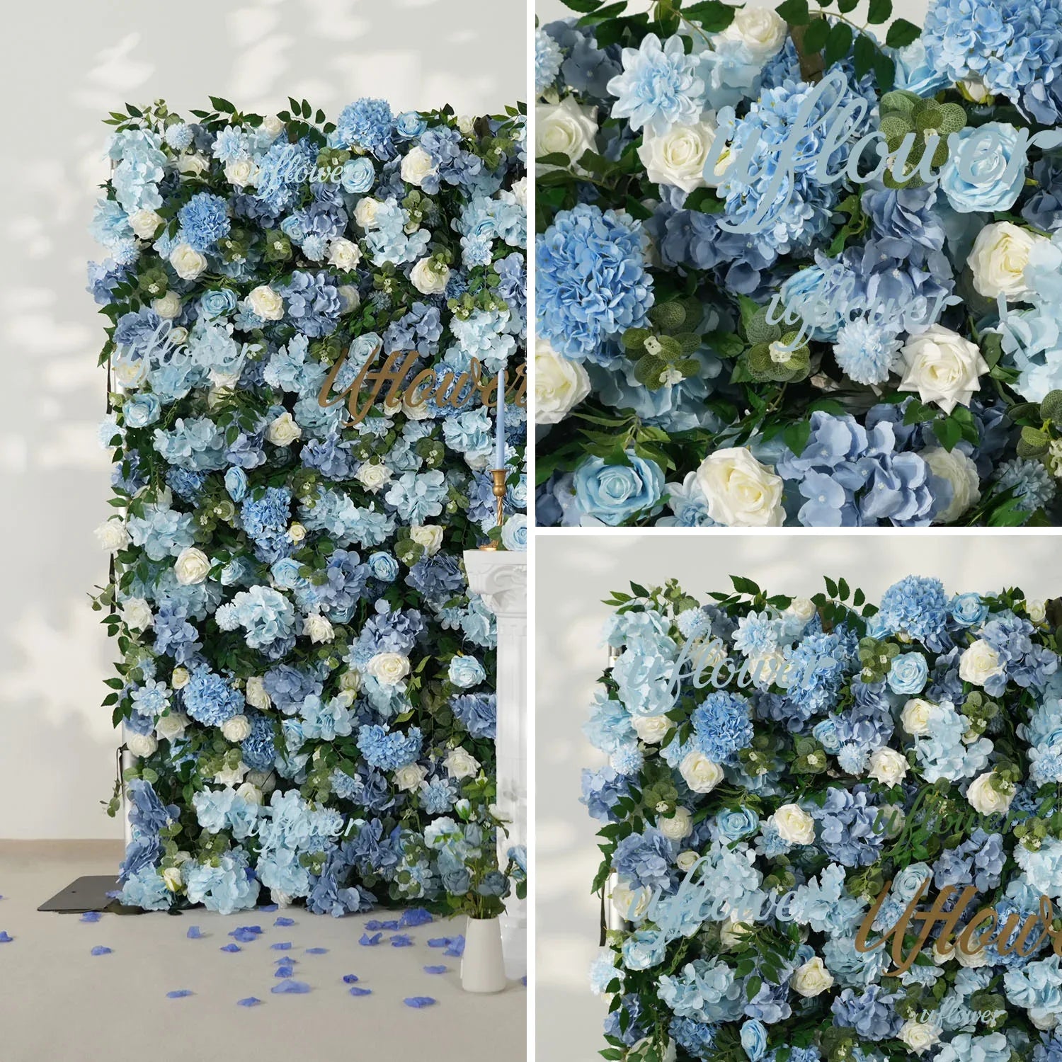Uflower Blue White Flower Wall Floral Backdrop Wedding Party Proposal Decor SET80144 - Uflower