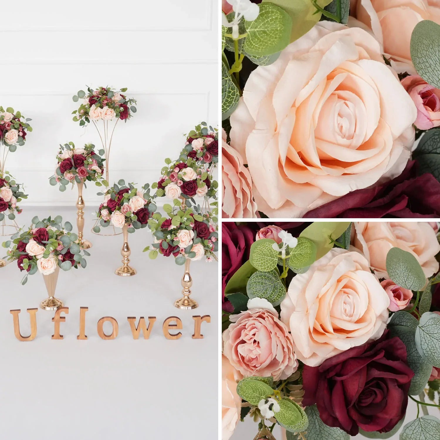 Uflower Red Rose Green Leaf Table Centerpieces Floral Ball Wedding Decoration MB80064-01 - Uflower