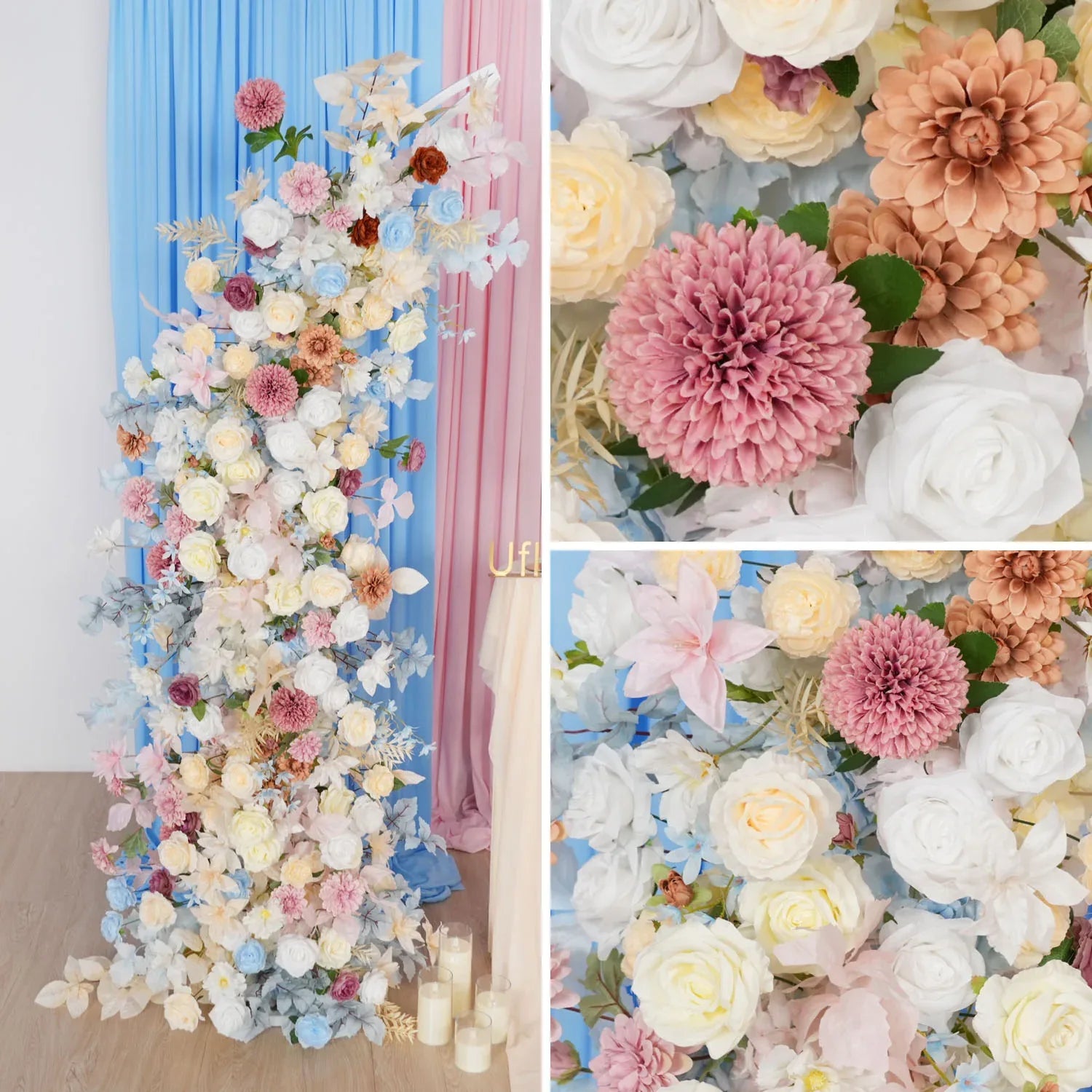 Uflower Pink Blue Champagne Horn Arch Decor Wedding Backdrop Floral Ball Arrangement SET80119 - Uflower