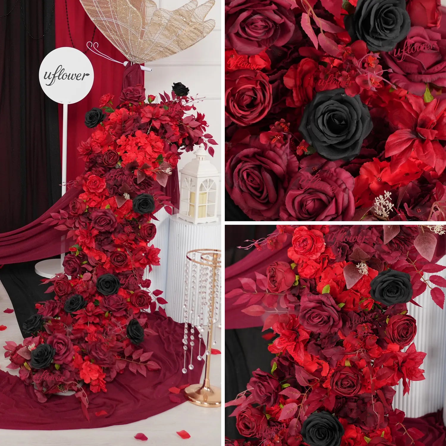 Uflower Red Roses Backdrop Wall Flower Row Wedding Decor MC80210-02