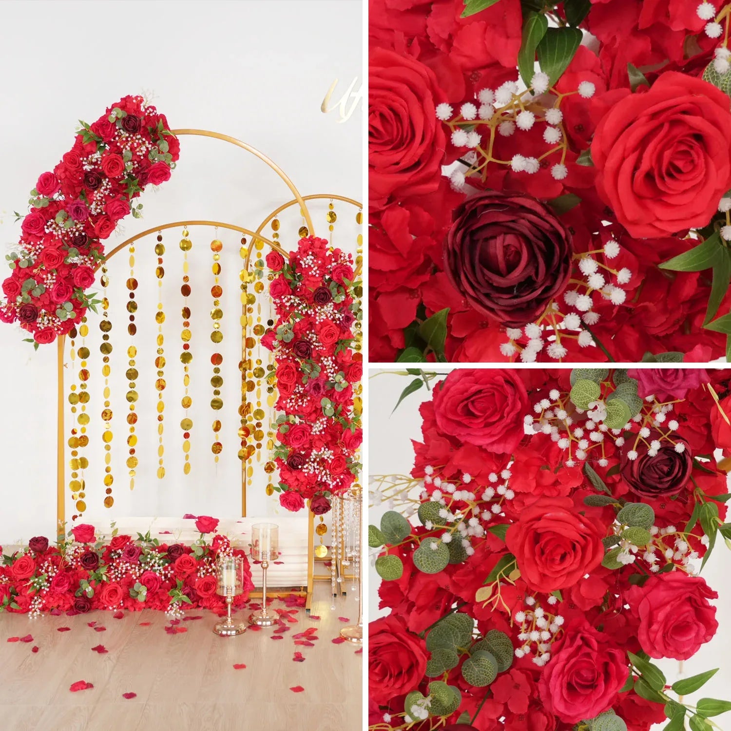 Uflower Artificial Red Rose Babysbreath Green Leaf Flower Row Wedding KT Backdrop Decor MC80131 - Uflower