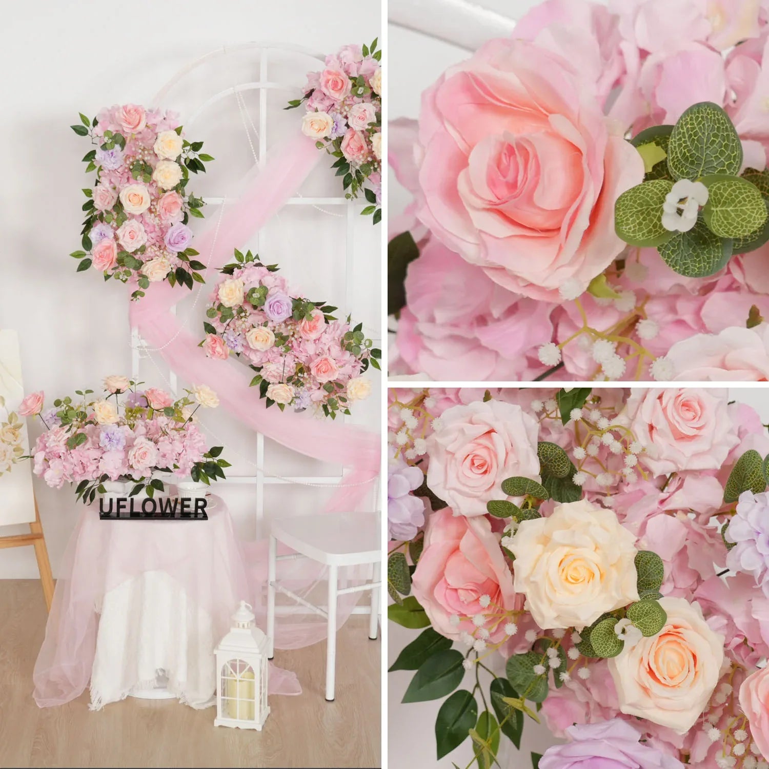 Uflower Artificial Pink Purple Rose Green Leaf Flower Row Wedding KT Backdrop Decor MC80139-01 - Uflower