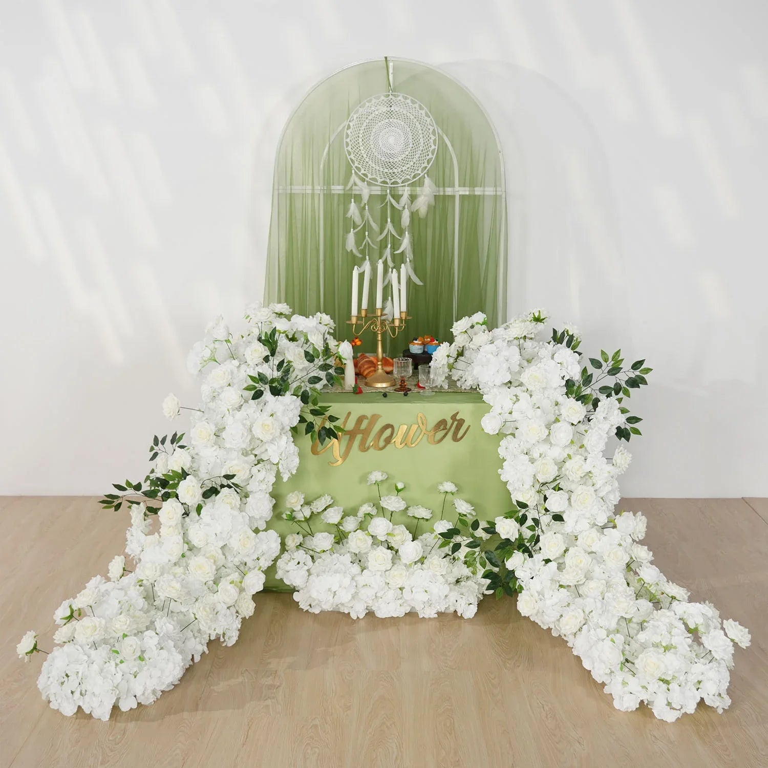 Uflower White Rose Table Runner Sofa Floral Wedding Backdrop Decor SET80120 - Uflower