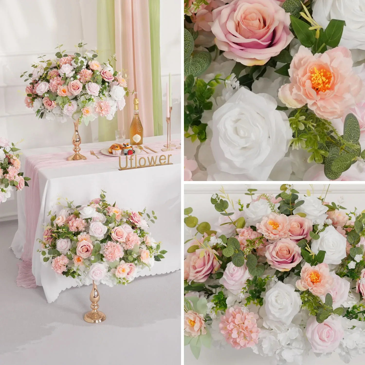 Uflower Pink White Rose Green Leaf Table Centerpieces Floral Ball Wedding Decoration MB80070 - Uflower