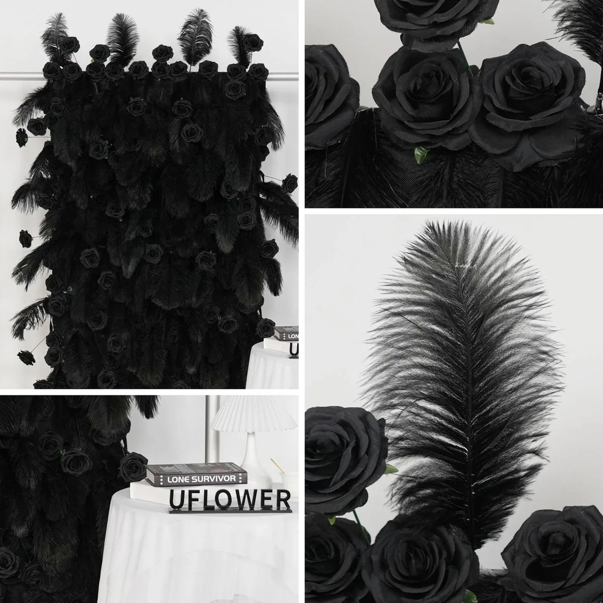 Uflower Artificial Black 5D Flower Wall Wedding Backdrop Decoration MA80034-01 - Uflower