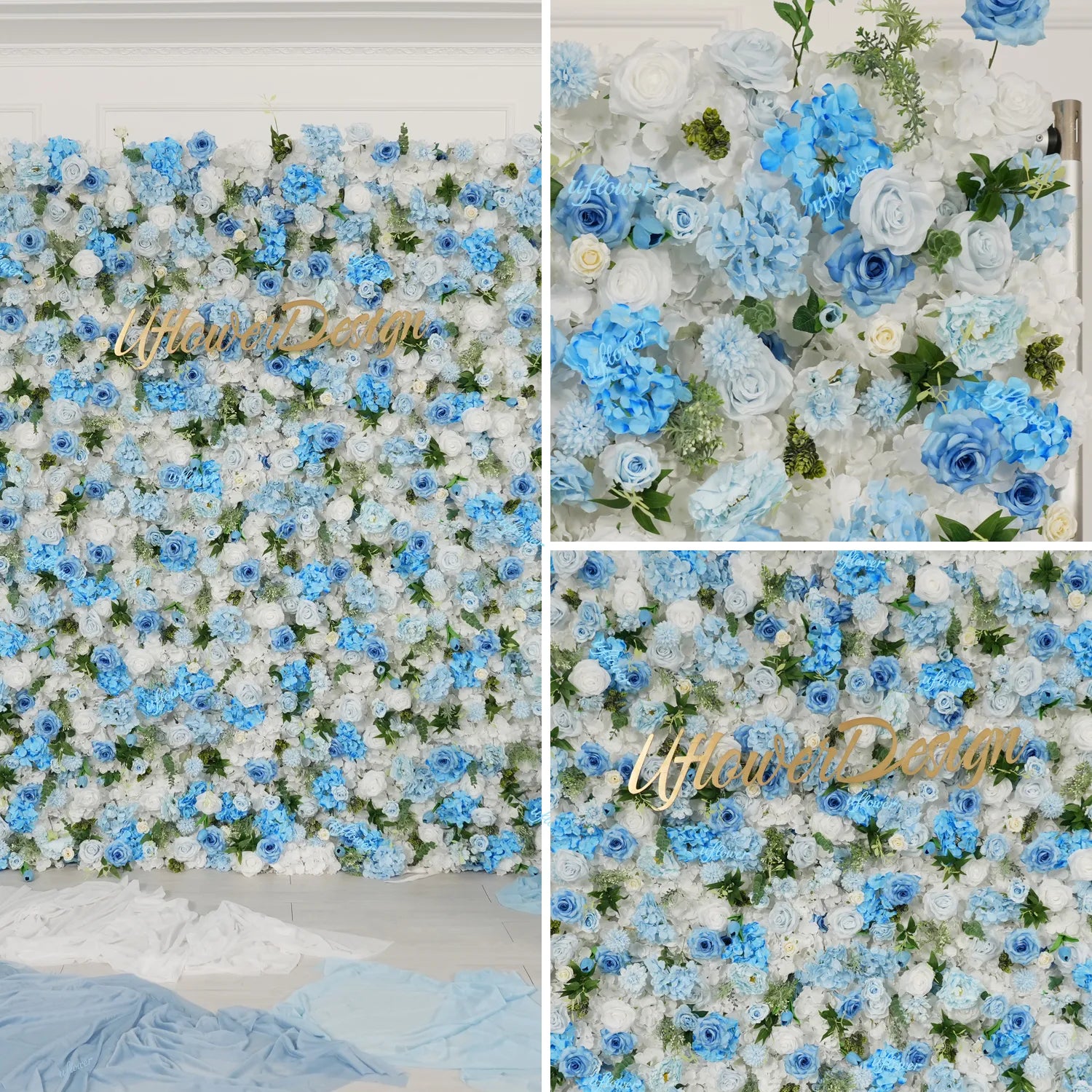 Uflower Blue White Flower Wall Backdrop Wedding Party Decoration SET80225
