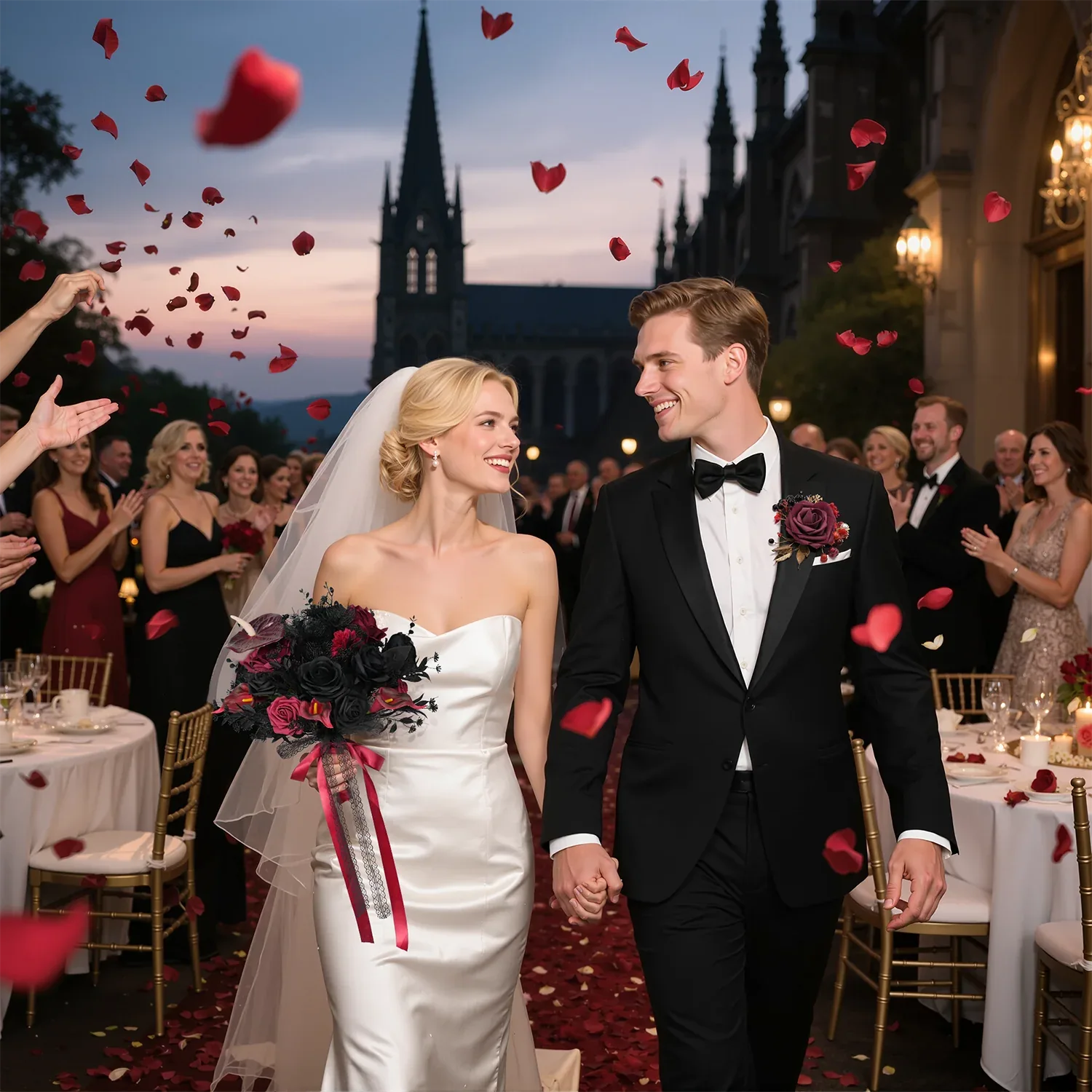 Uflower Black Burgundy Bride Bouquet Wrist Corsage Groom Boutonniere Set Wedding Event Supplies SET80080-11 - Uflower