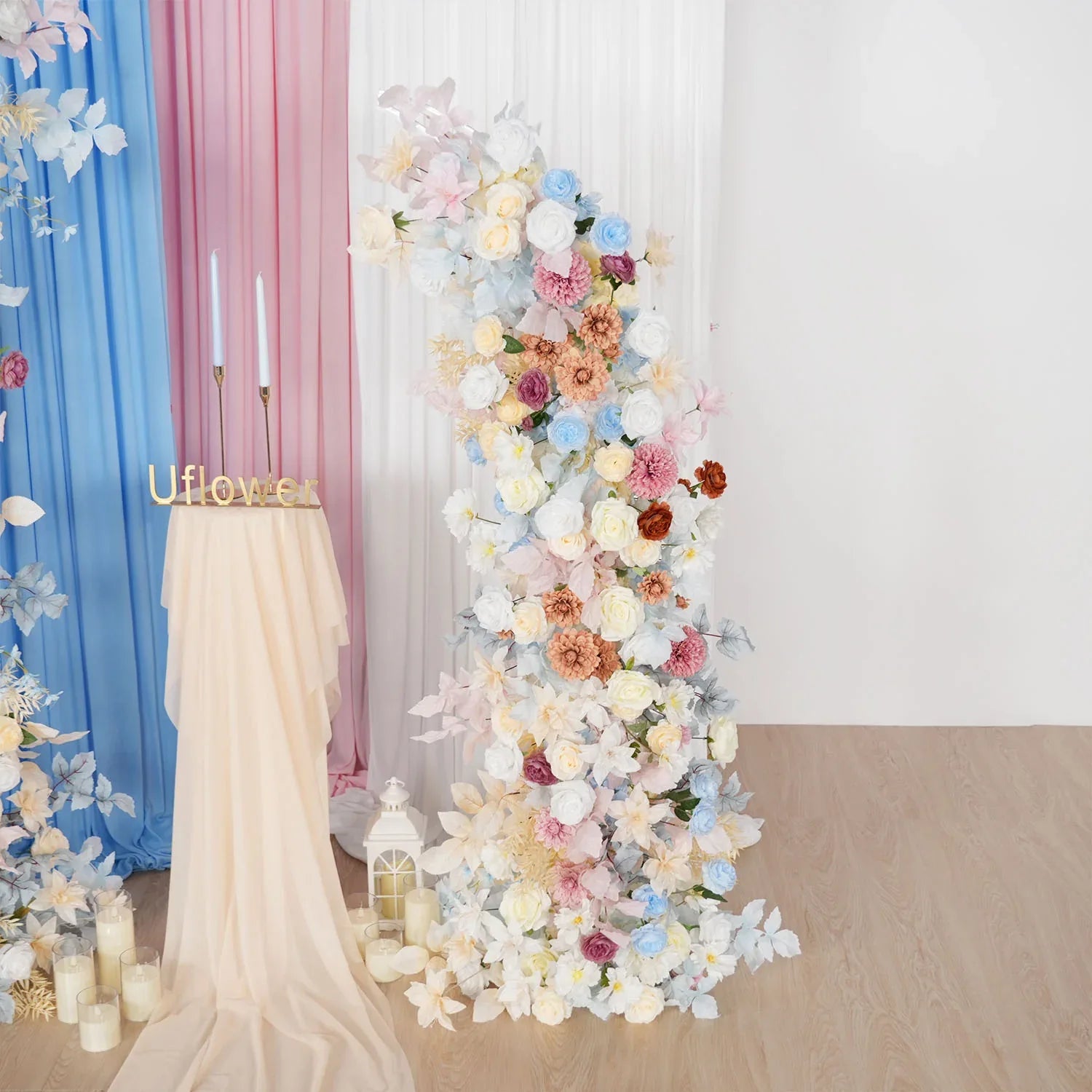 Uflower Pink Blue Champagne Horn Arch Decor Wedding Backdrop Floral Ball Arrangement SET80119 - Uflower