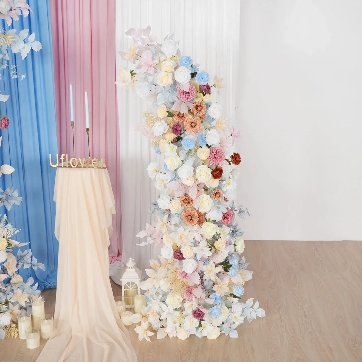 Uflower Pink Blue Champagne Horn Arch Decor Wedding Backdrop Floral Ball Arrangement SET80119 - Uflower