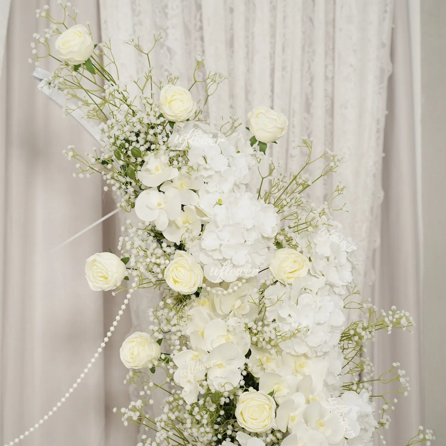 Uflower Baby's Breath White Floral Horn Arch Wedding Party Backdrop Decor SET80231