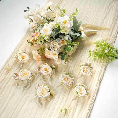 Uflower Champagne Series Bride Bouquet Wrist Corsage Groom Boutonniere Wedding Event Supplies SET80080-10 - Uflower