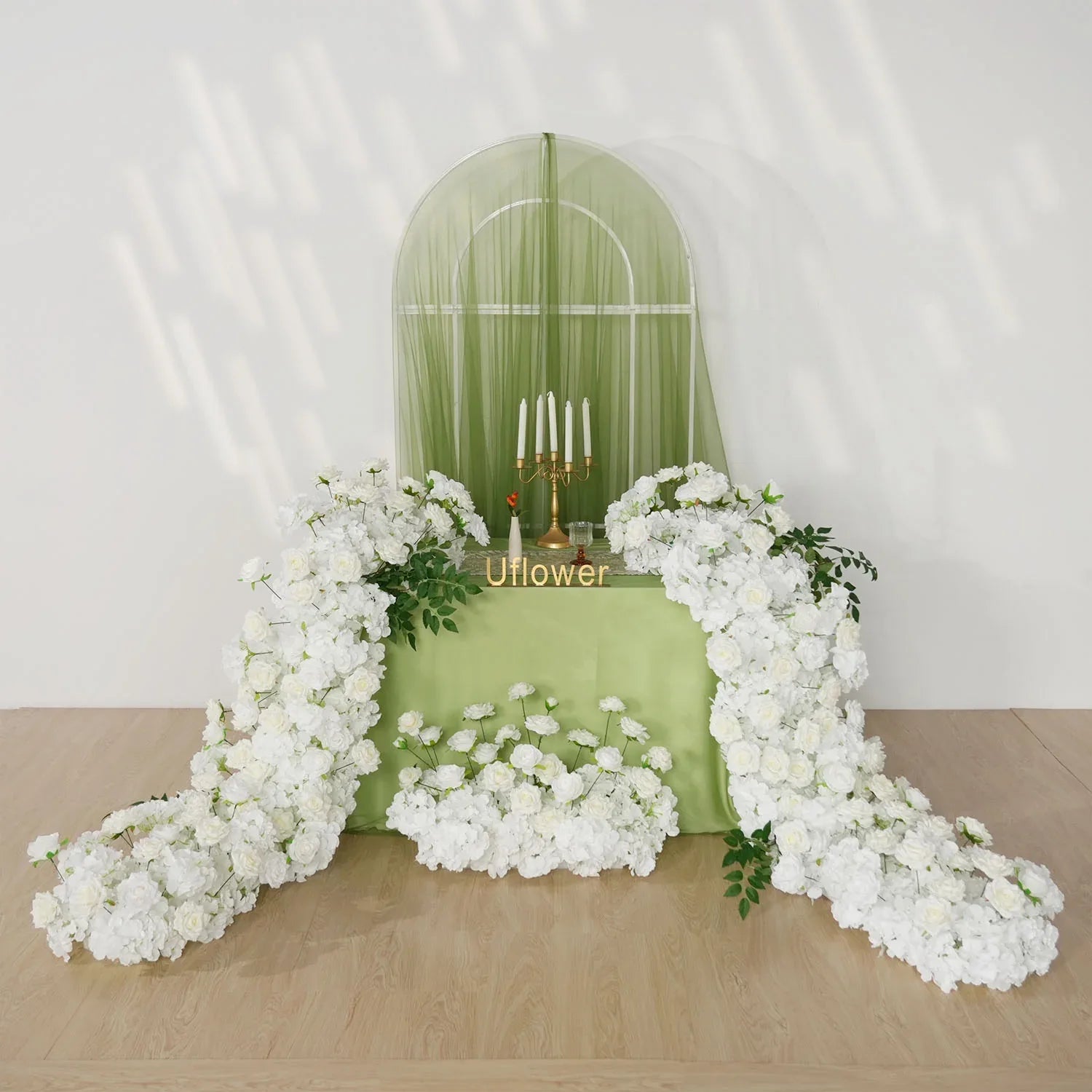 Uflower White Rose Table Runner Sofa Floral Wedding Backdrop Decor SET80120 - Uflower